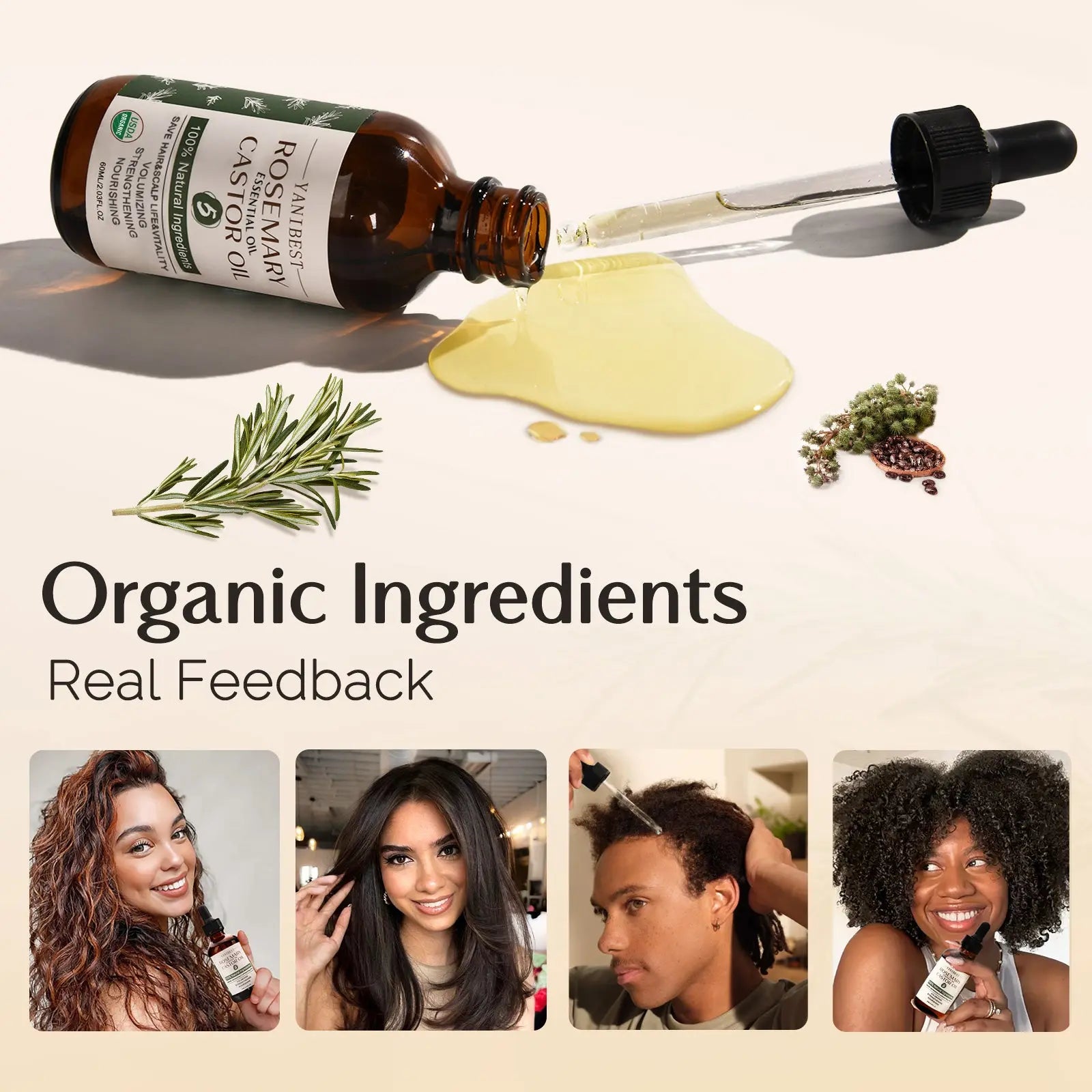 100% Natural Organic Rosemary Castor Hair Anti-Thinning Hair Oil - YANIBEST