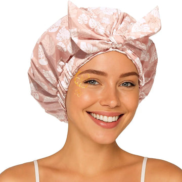 Bow Tie Waterproof Shower Cap - Pink Floral YANIBEST
