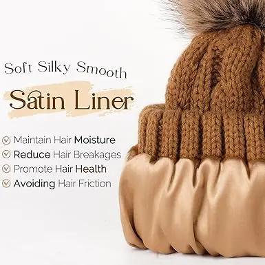 Butter Satin Lined Pom Winter Beanie YANIBEST