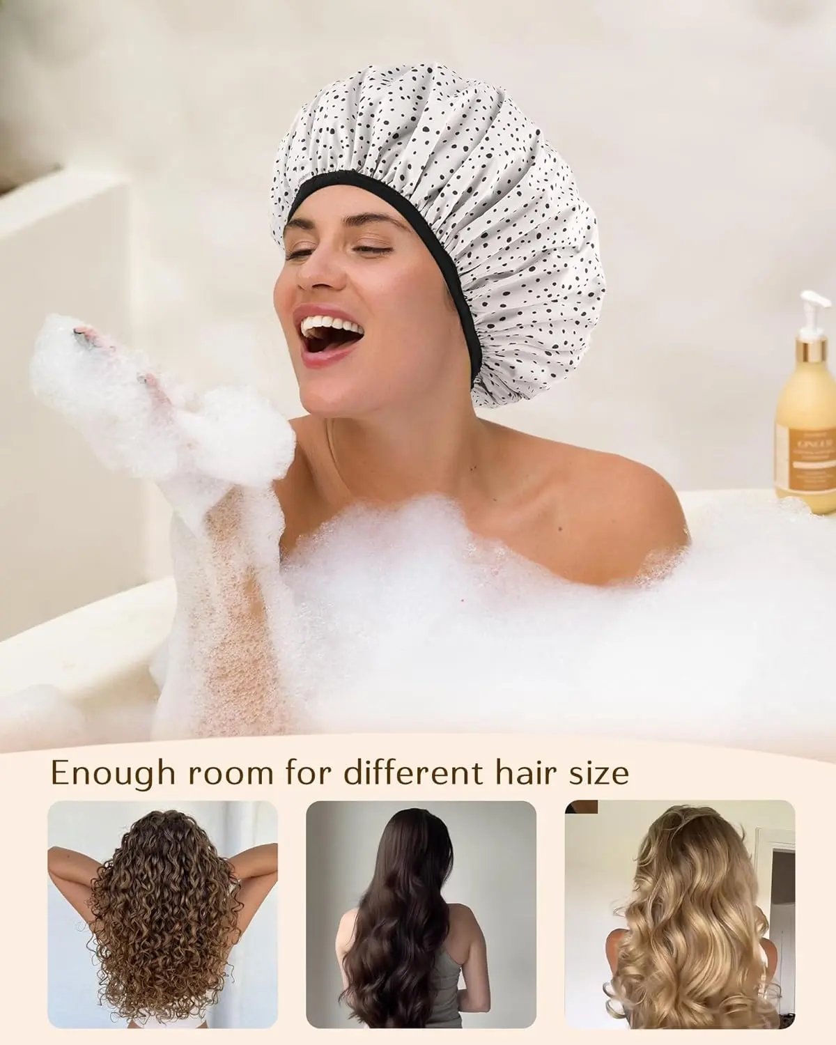 Butter Satin Lined Waterproof Shower Cap - Black Dots YANIBEST