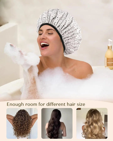 Butter Satin Lined Waterproof Shower Cap - Black Dots YANIBEST