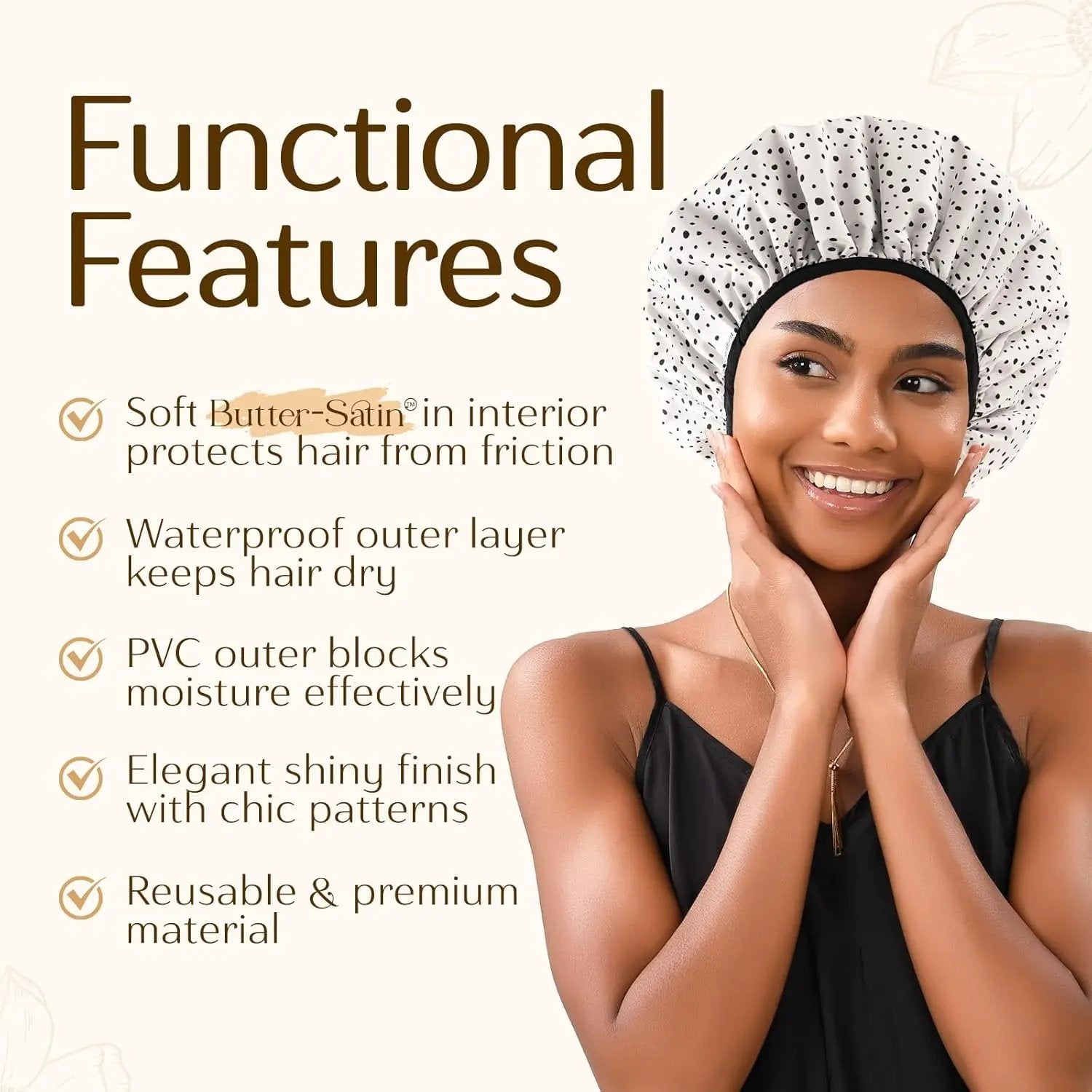 Butter Satin Lined Waterproof Shower Cap - Black Dots YANIBEST