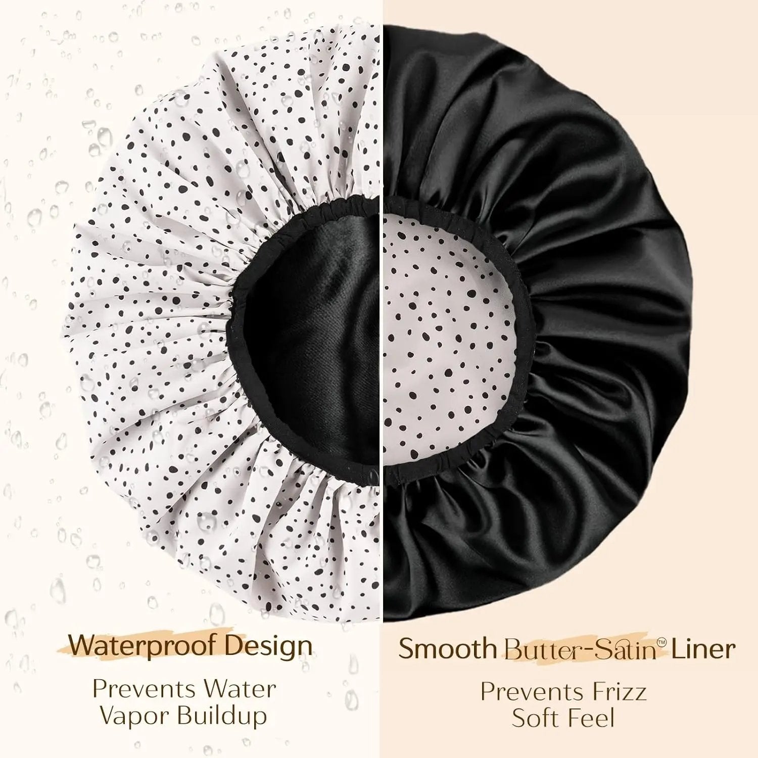 Butter Satin Lined Waterproof Shower Cap - Black Dots YANIBEST