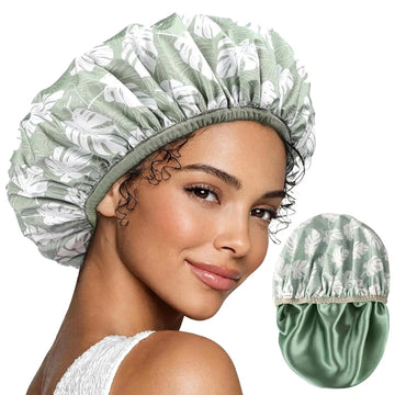 Butter Satin Lined Waterproof Shower Cap - Green Leaves YANIBEST