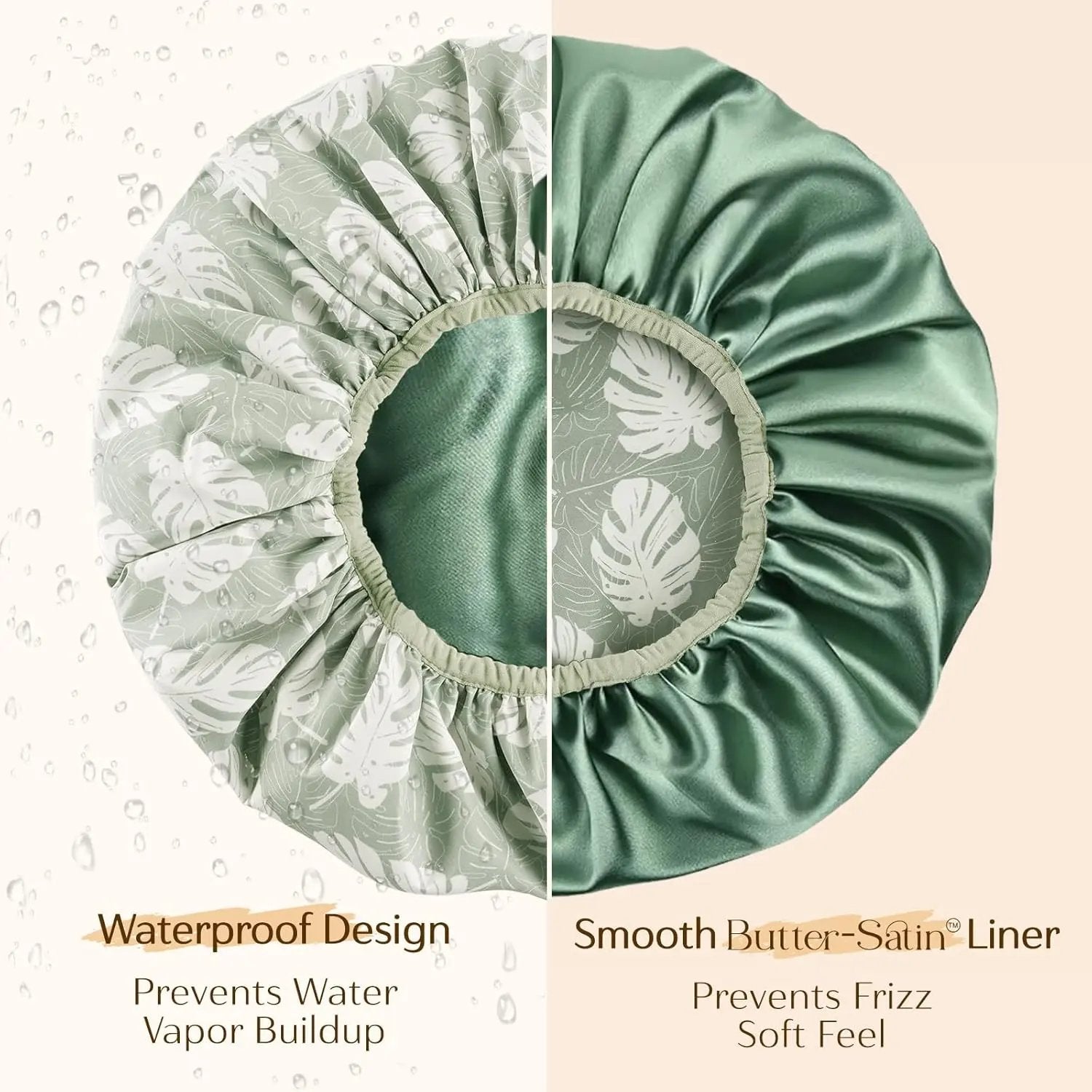 Butter Satin Lined Waterproof Shower Cap - Green Leaves YANIBEST