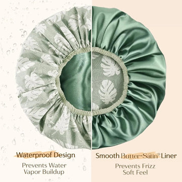 Butter Satin Lined Waterproof Shower Cap - Green Leaves YANIBEST