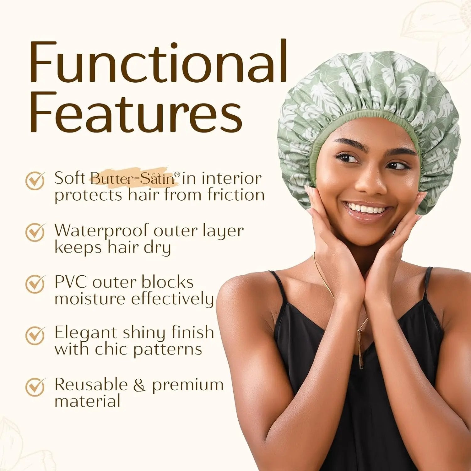 Butter Satin Lined Waterproof Shower Cap - Green Leaves YANIBEST