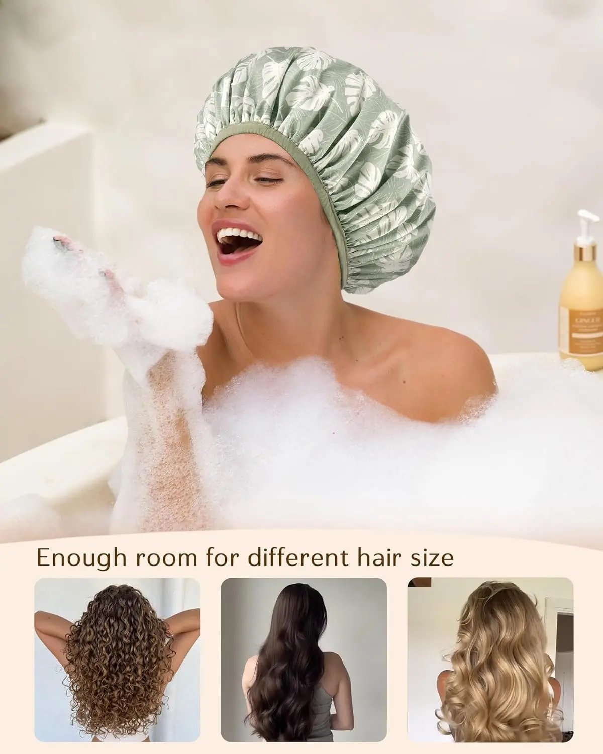 Butter Satin Lined Waterproof Shower Cap - Green Leaves YANIBEST