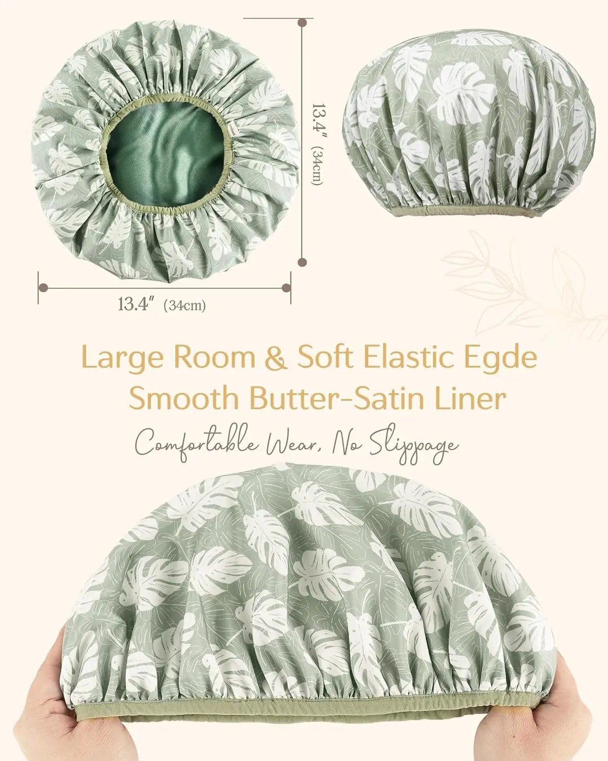 Butter Satin Lined Waterproof Shower Cap - Green Leaves YANIBEST