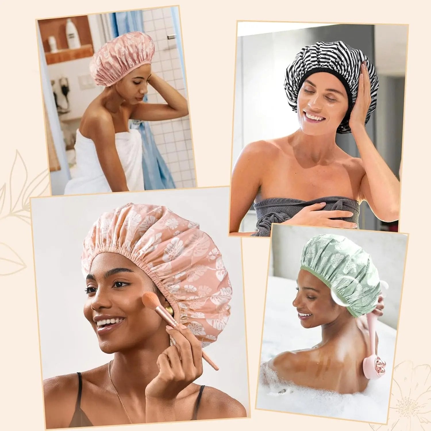 Butter Satin Lined Waterproof Shower Cap - Green Leaves YANIBEST