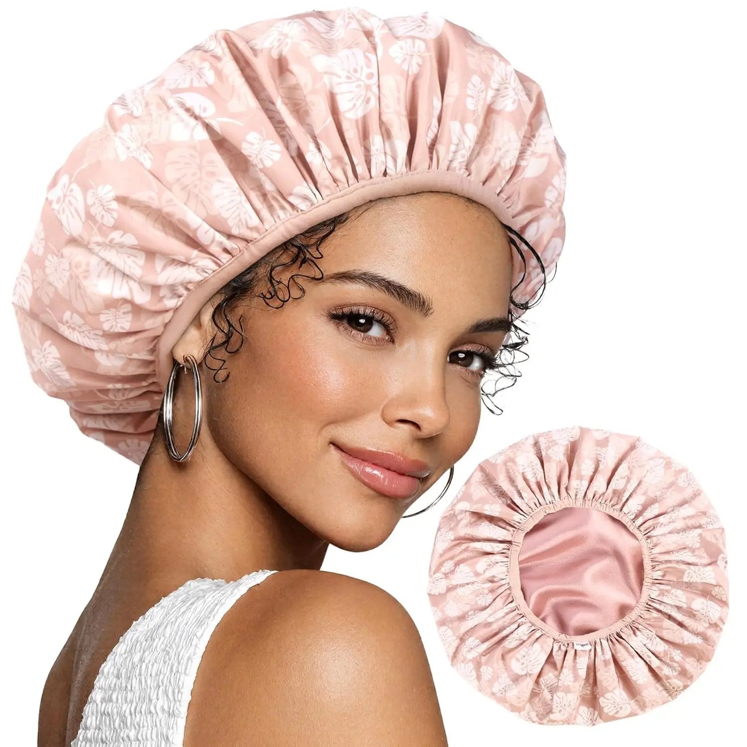 Butter Satin Lined Waterproof Shower Cap - Pink Leaves YANIBEST