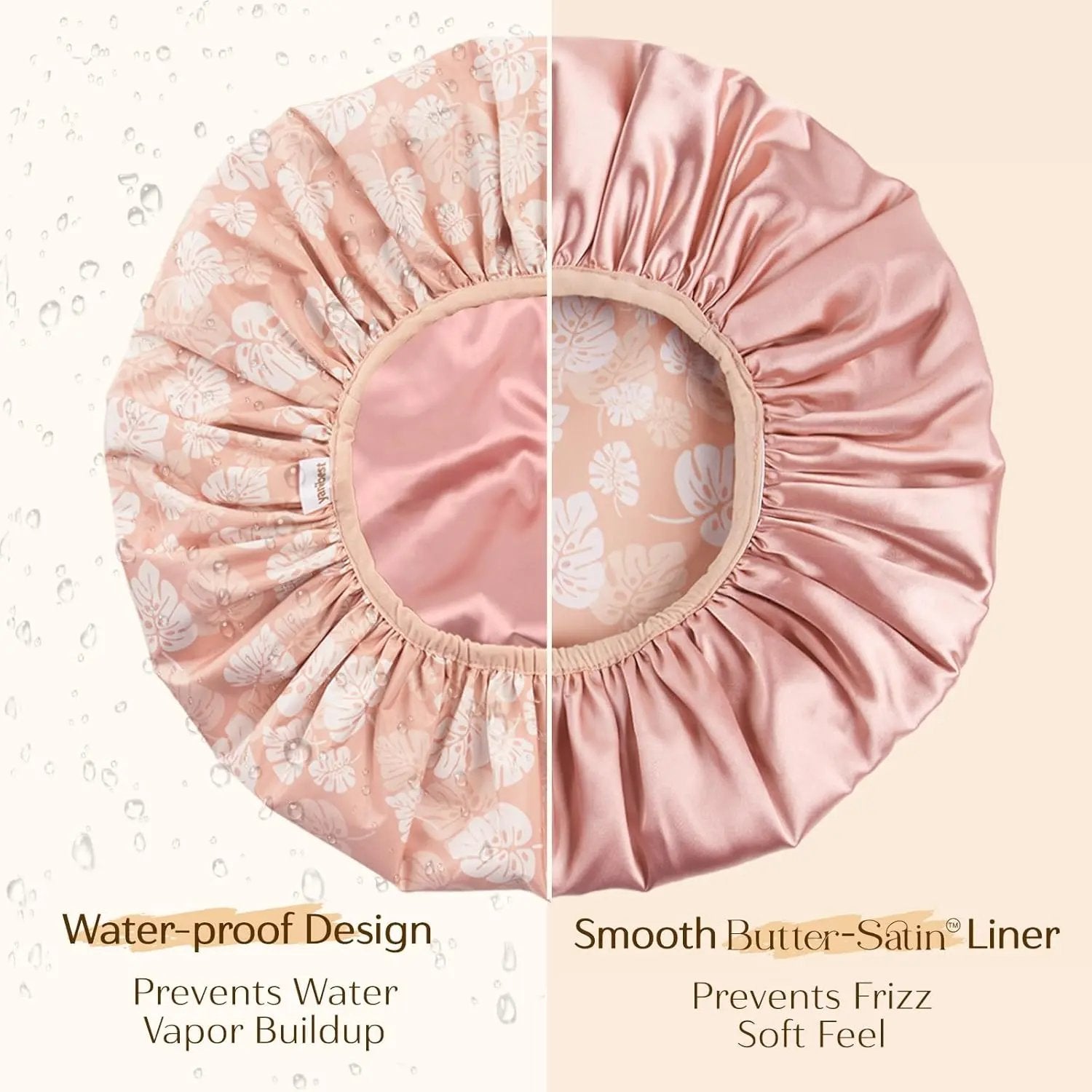 Butter Satin Lined Waterproof Shower Cap - Pink Leaves YANIBEST