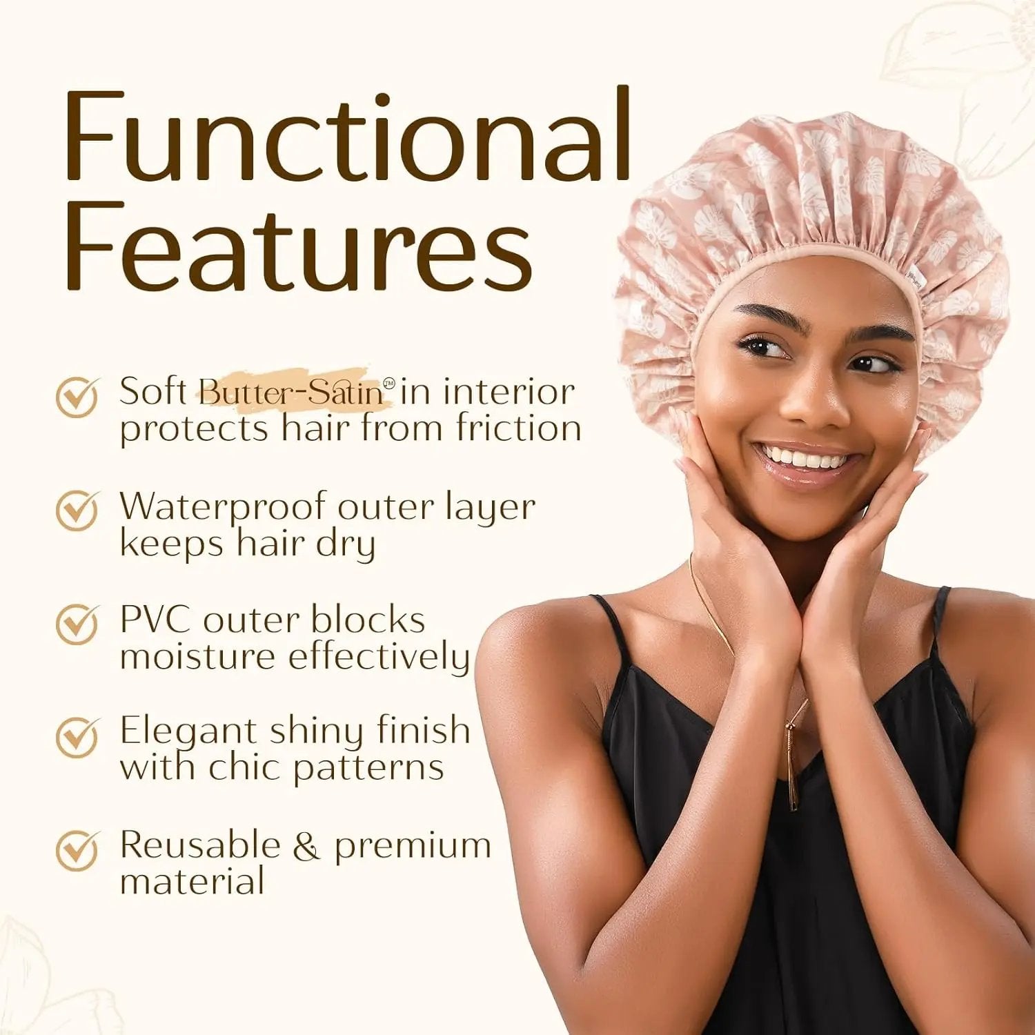 Butter Satin Lined Waterproof Shower Cap - Pink Leaves YANIBEST