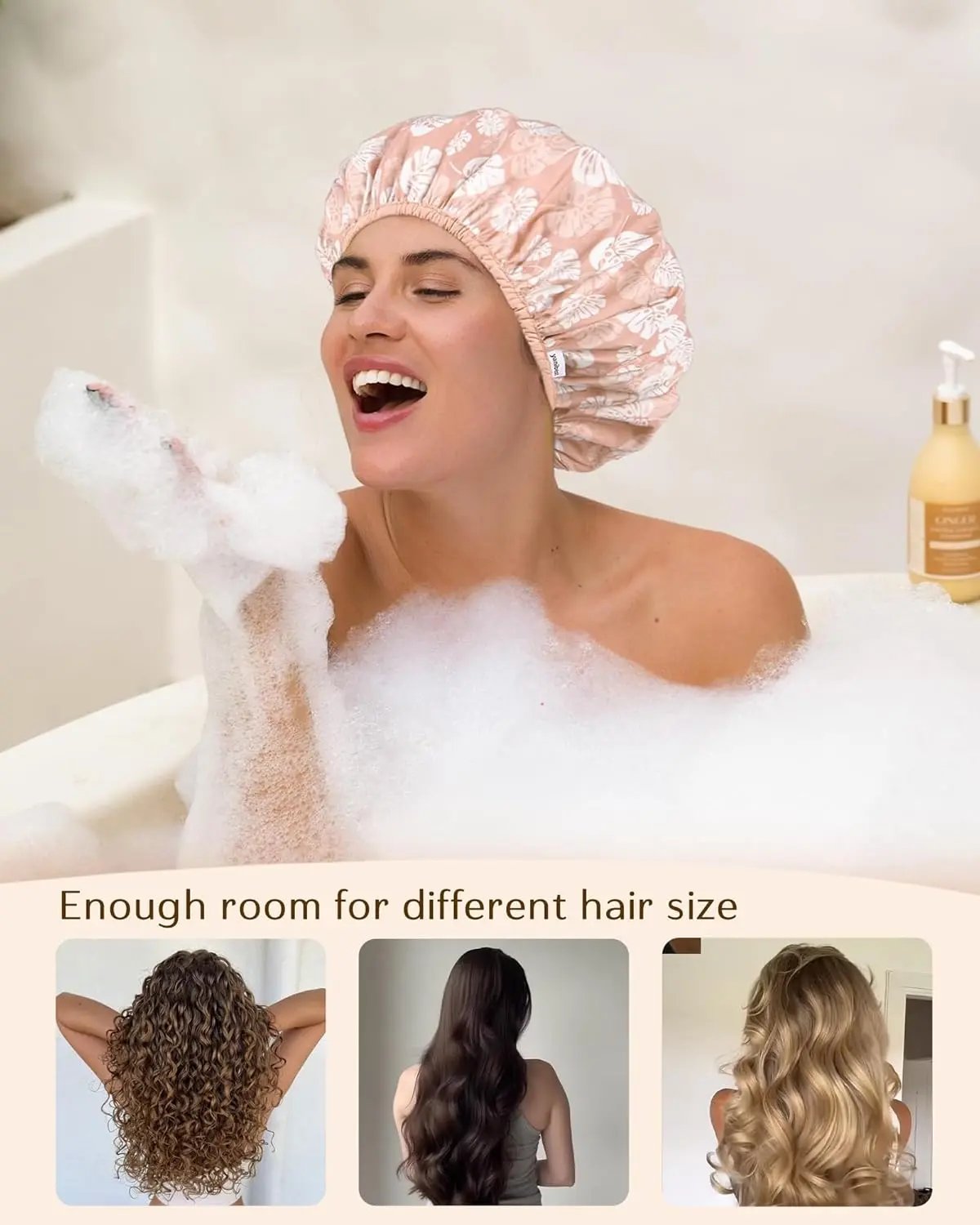 Butter Satin Lined Waterproof Shower Cap - Pink Leaves YANIBEST