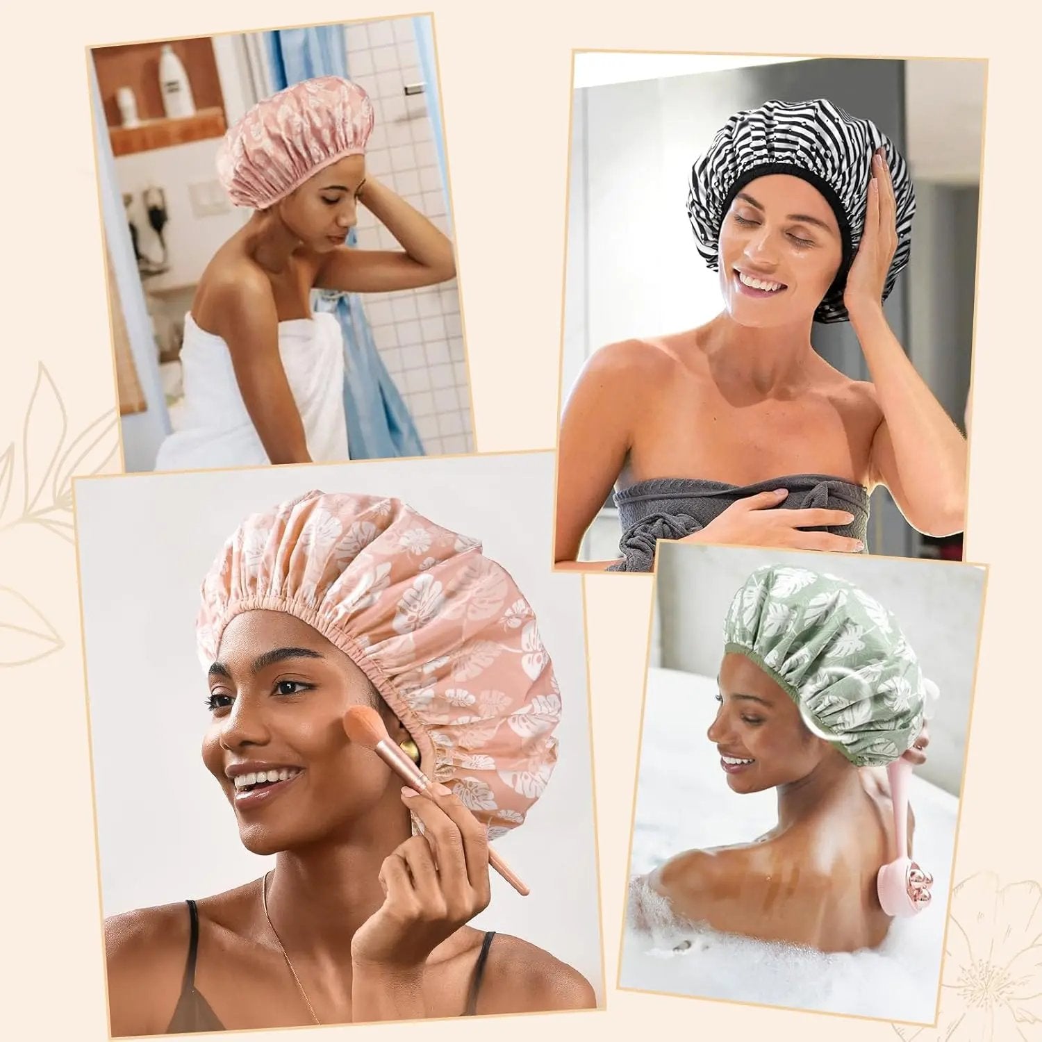 Butter Satin Lined Waterproof Shower Cap - Pink Leaves YANIBEST