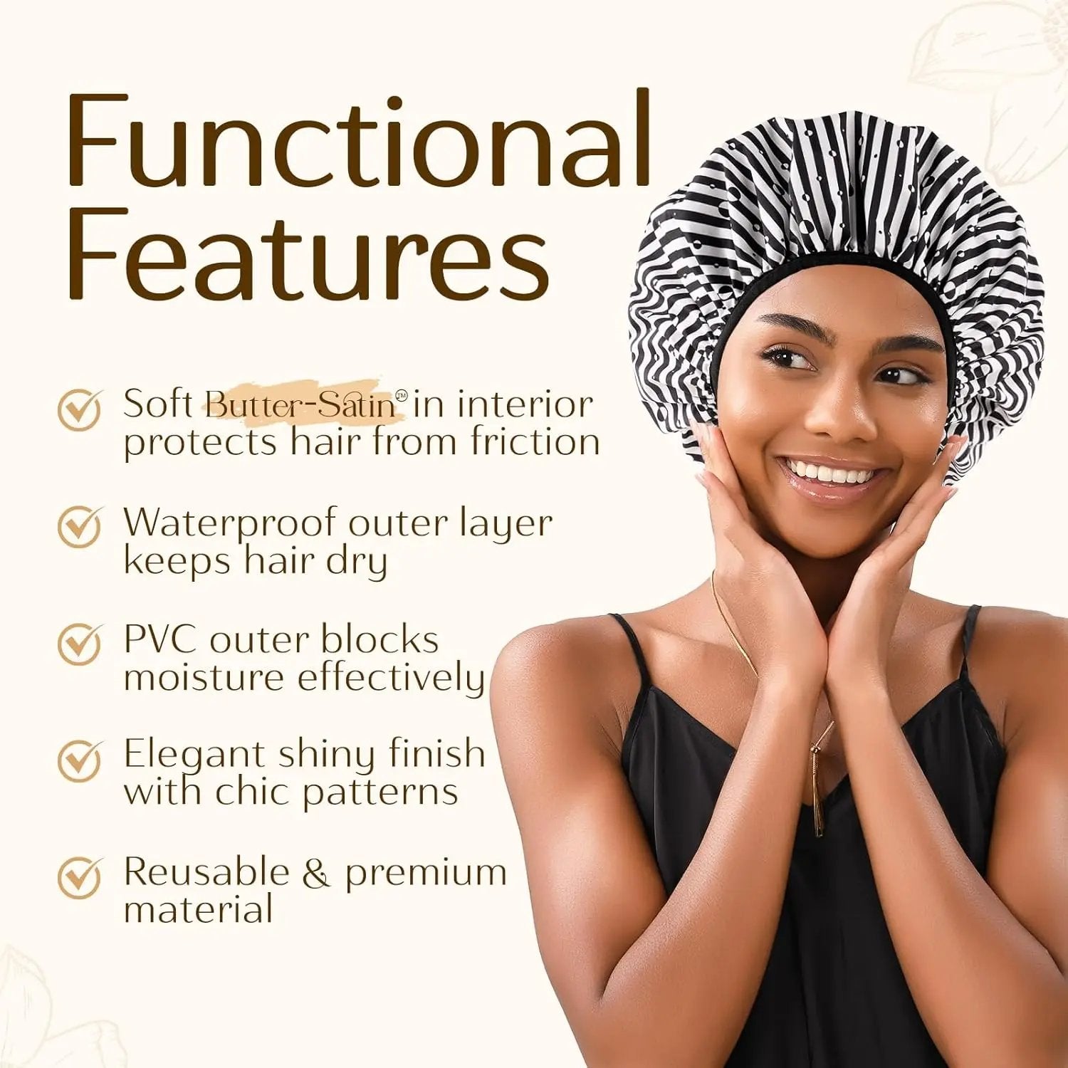 Butter Satin Lined Waterproof Shower Cap - Stripes YANIBEST