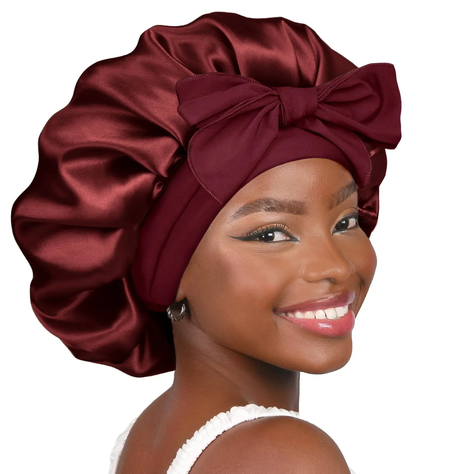 Double Layer Satin Bonnet with Tie Band Sleepwear|  Burgundy Red YANIBEST