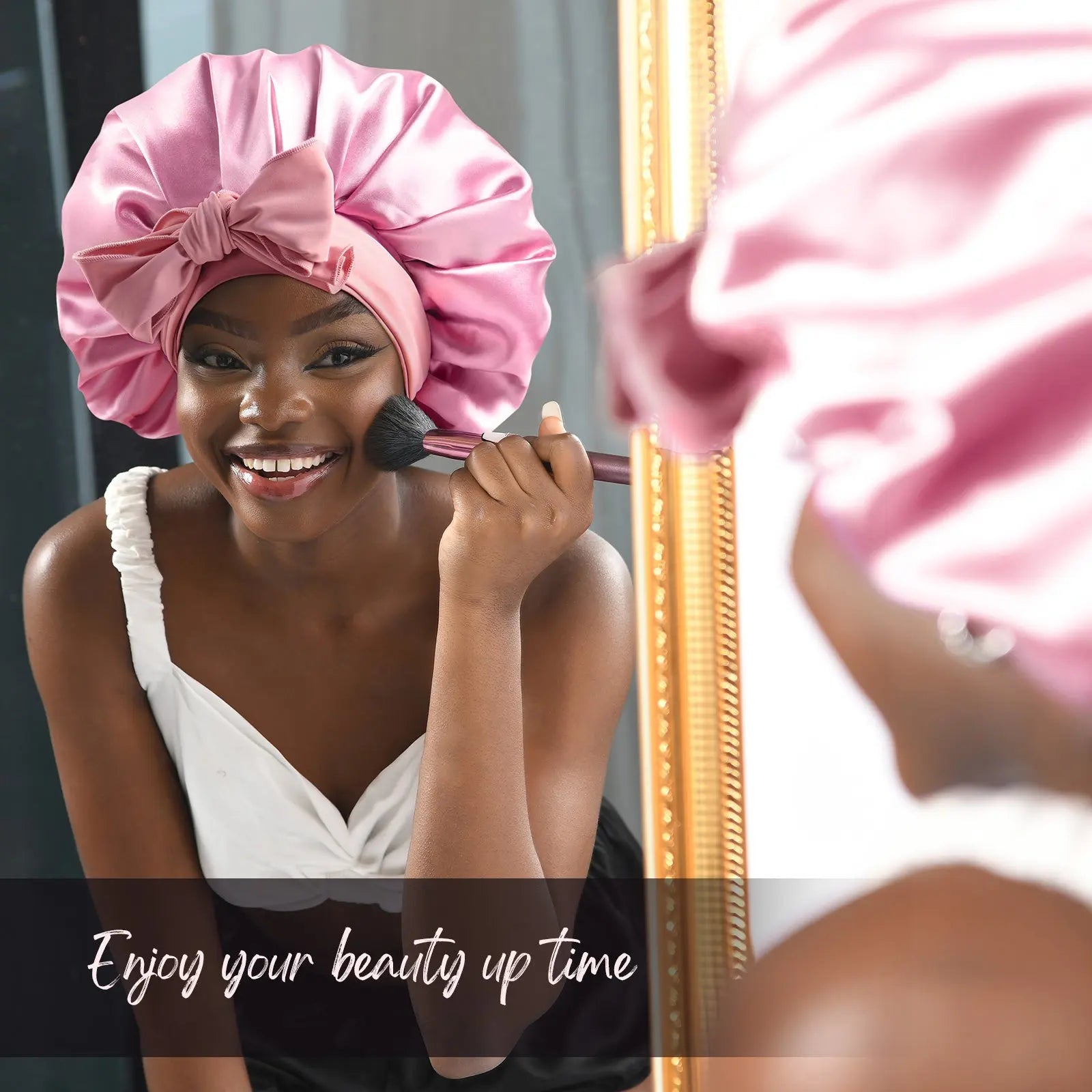 Double Layer Satin Bonnet with Tie Band Sleepwear| Light Pink YANIBEST