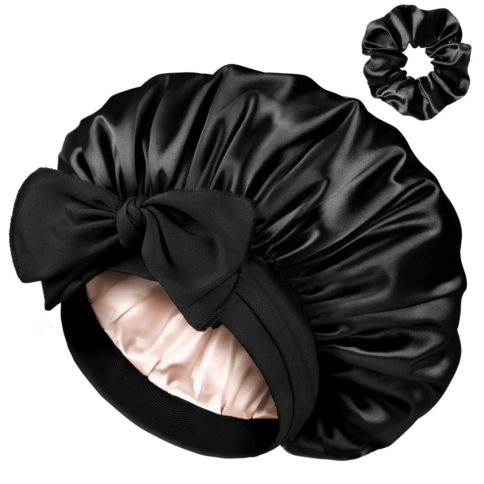 Double Layer Satin Bonnet with Tie Band| Black YANIBEST