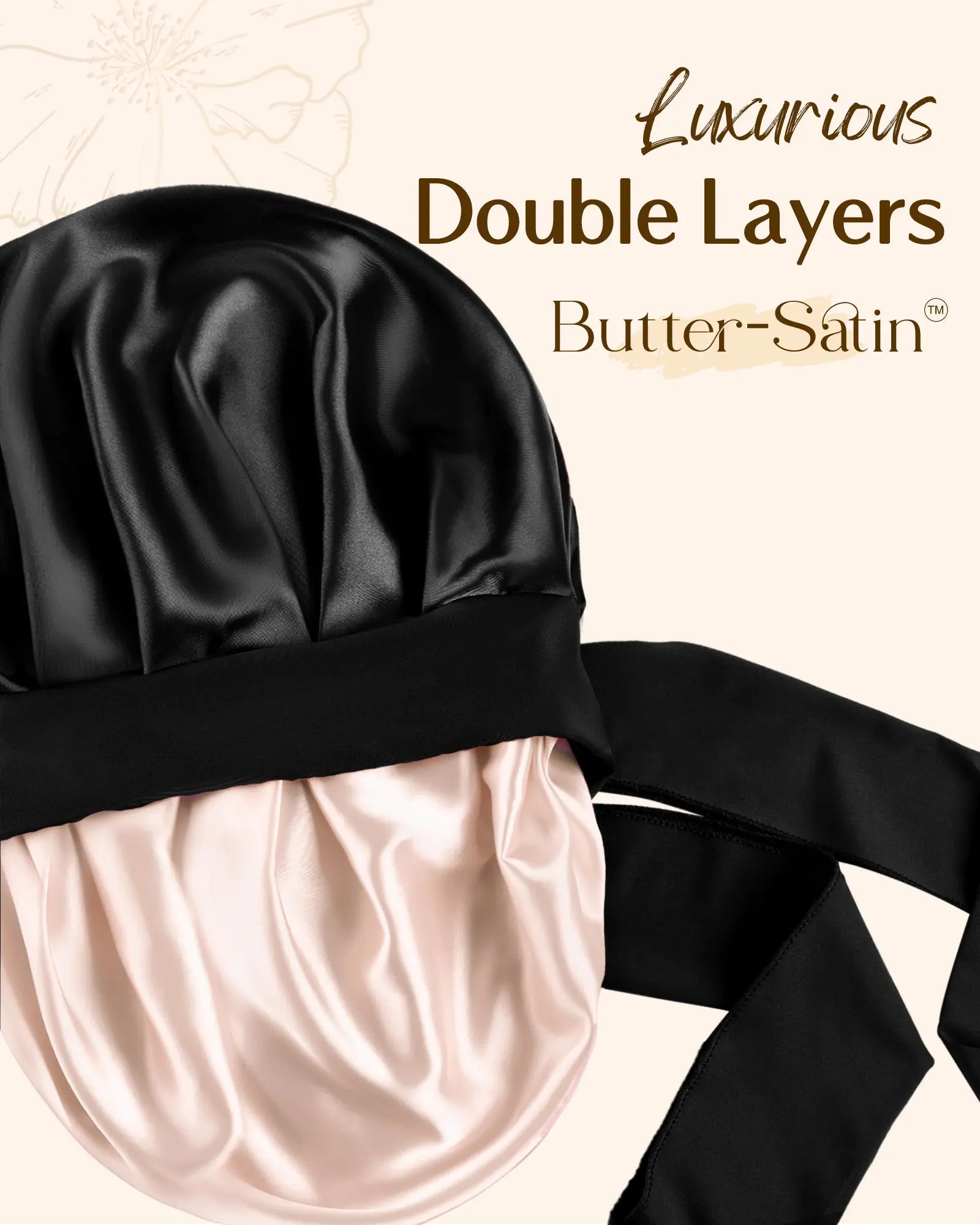 Double Layer Satin Bonnet with Tie Band| Black YANIBEST