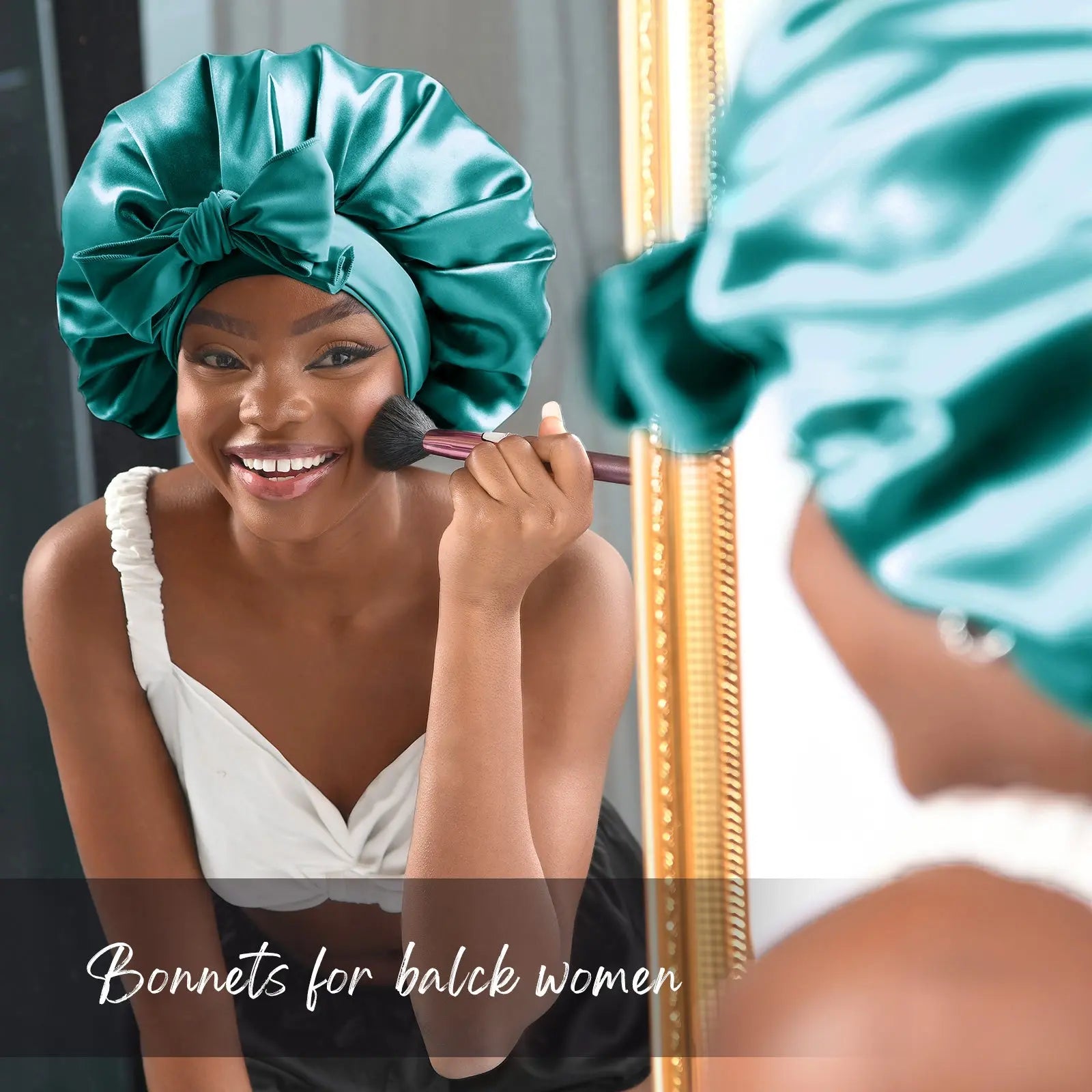 Double Layer Satin Bonnet with Tie Band| Blue Zircon YANIBEST