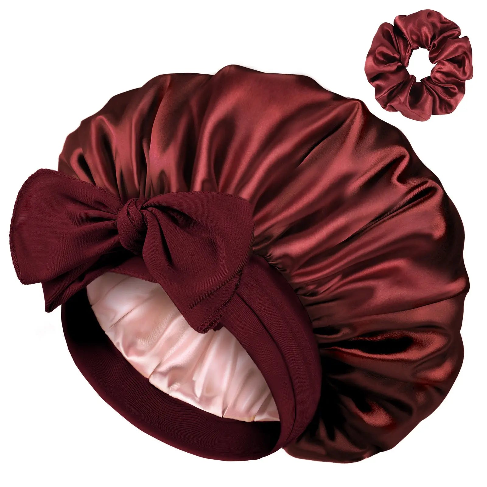 Double Layer Satin Bonnet with Tie Band| Burgundy YANIBEST