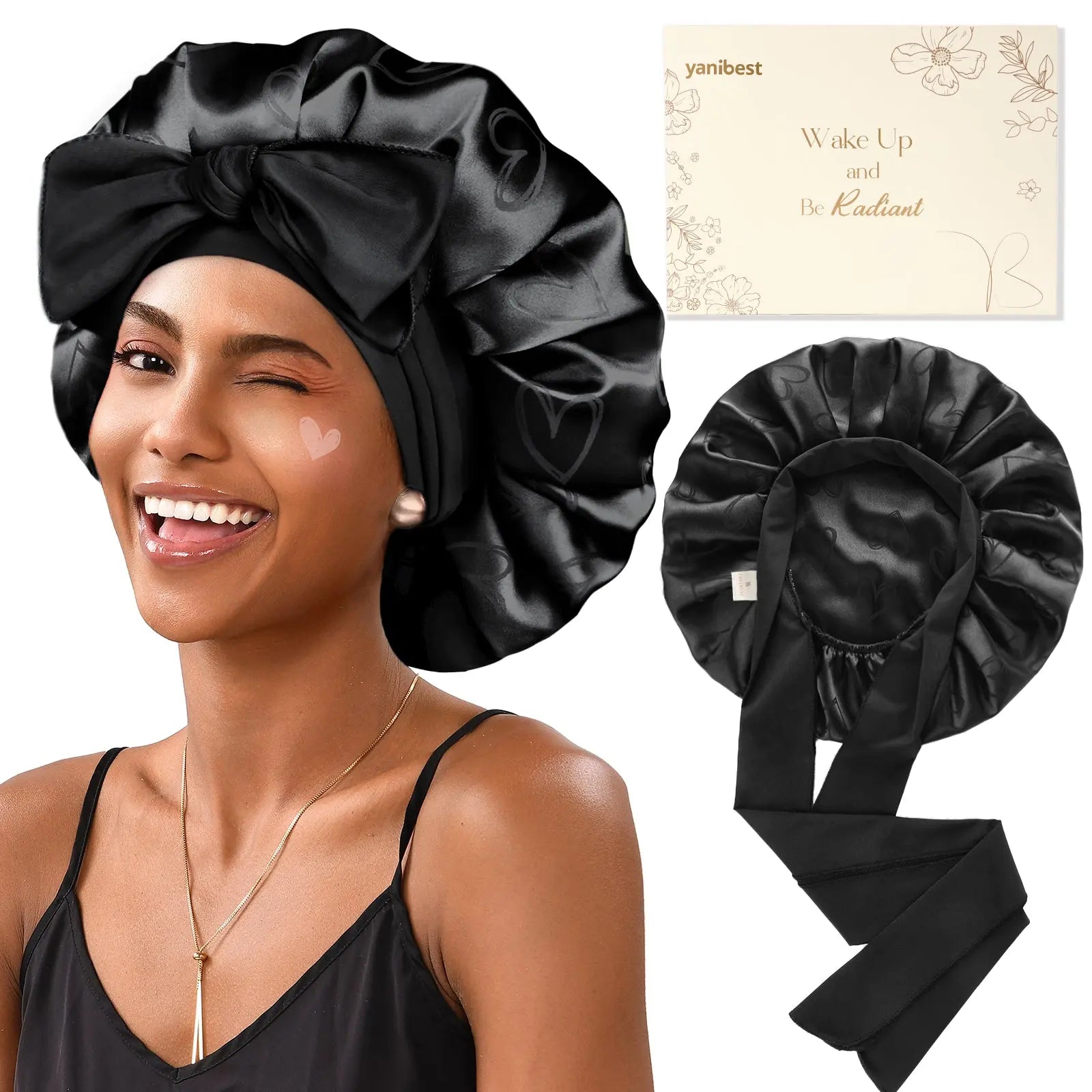Jaquard Satin Bonnets | Black Heart YANIBEST