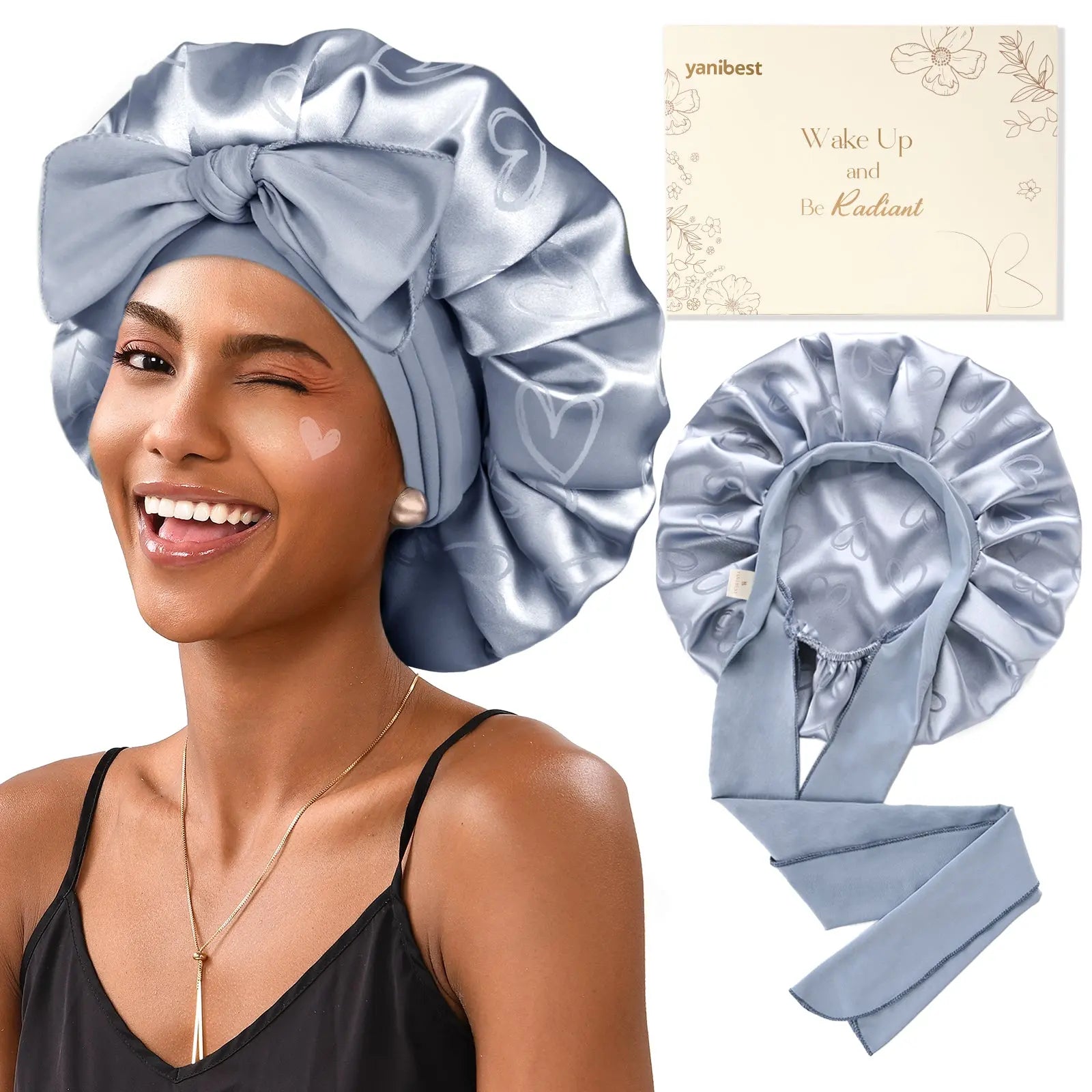 Jaquard Satin Bonnets | Blue Heart YANIBEST