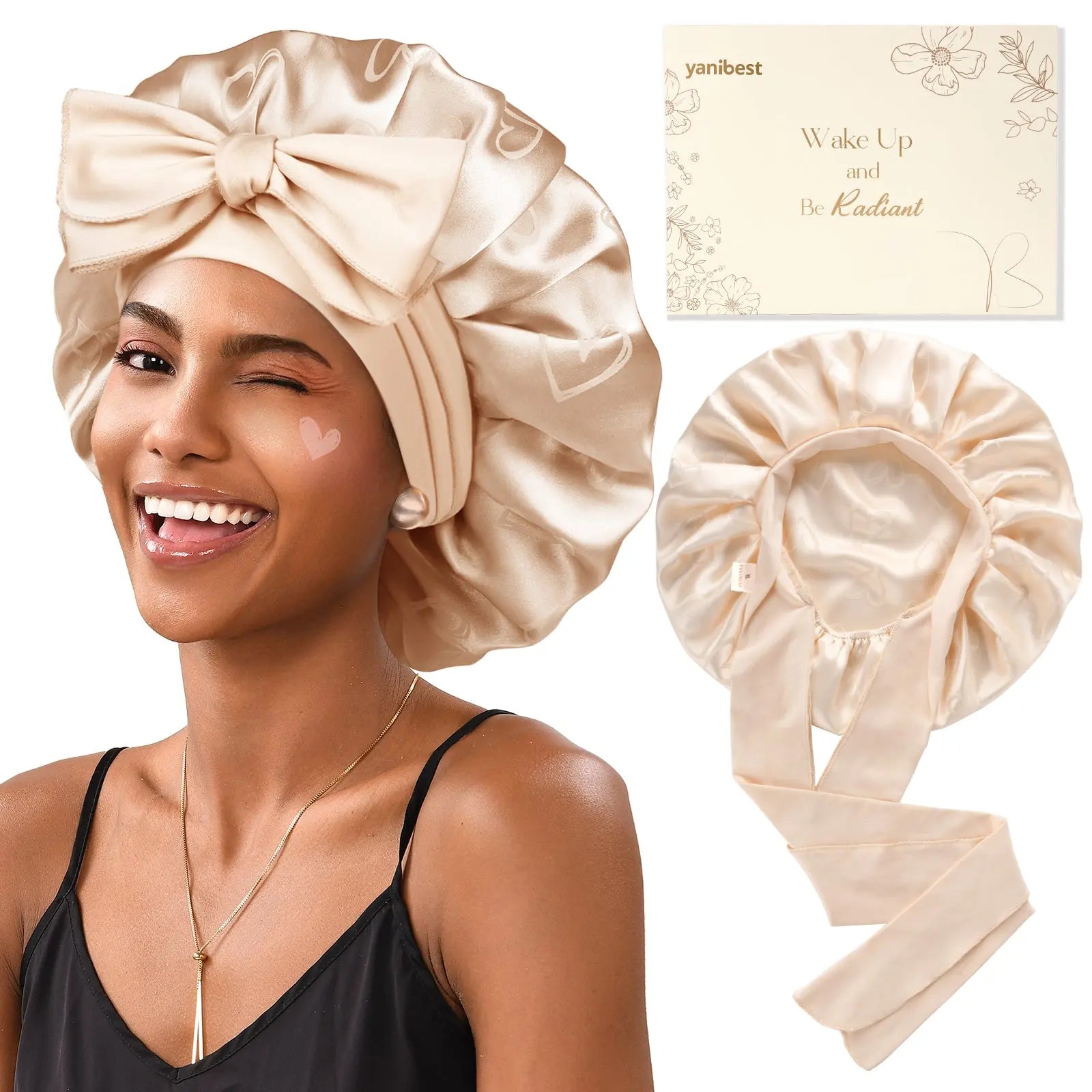 Jaquard Satin Bonnets | Champaign Heart YANIBEST