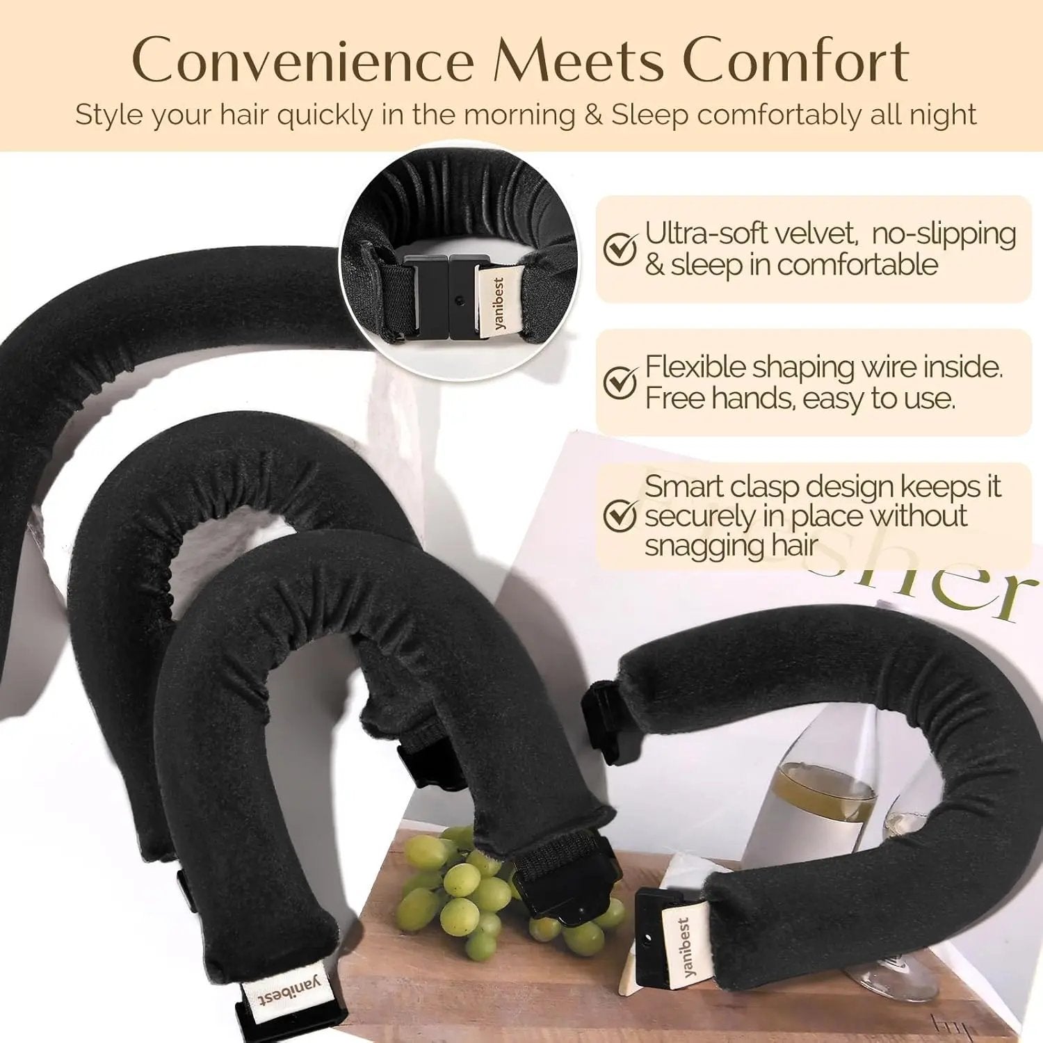 Jumbo Velvet Heatless Flexi Hair Rollers 4 in 1 Set - Black YANIBEST