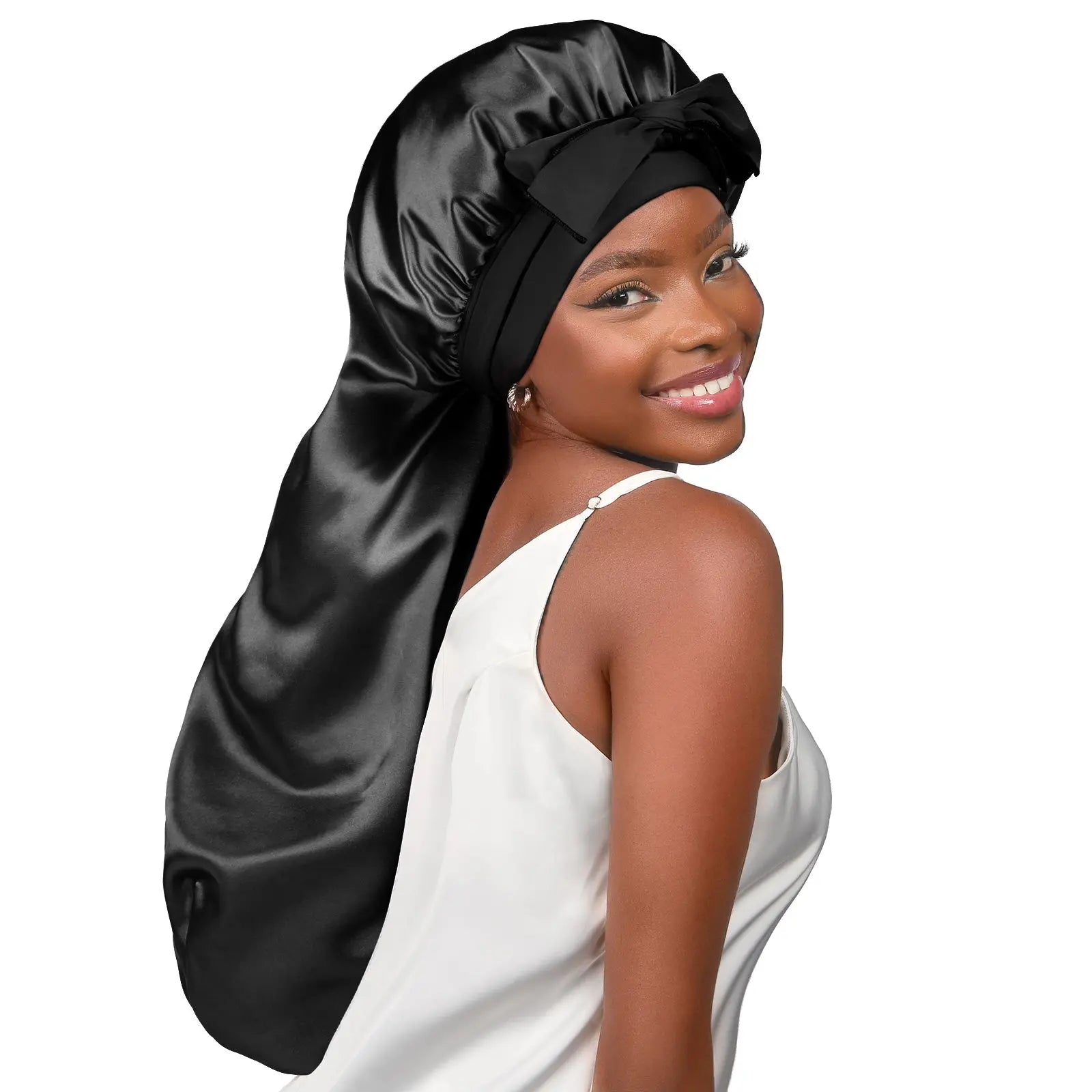 Long Tail Satin Bonnet wiht Tie Band| Black - YANIBEST