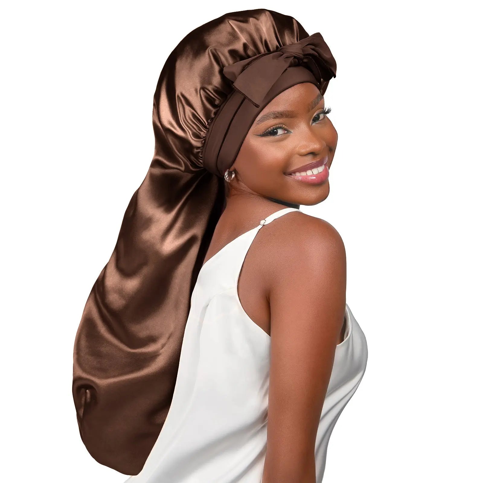 Long Tail Satin Bonnet wiht Tie Band| Brown - YANIBEST