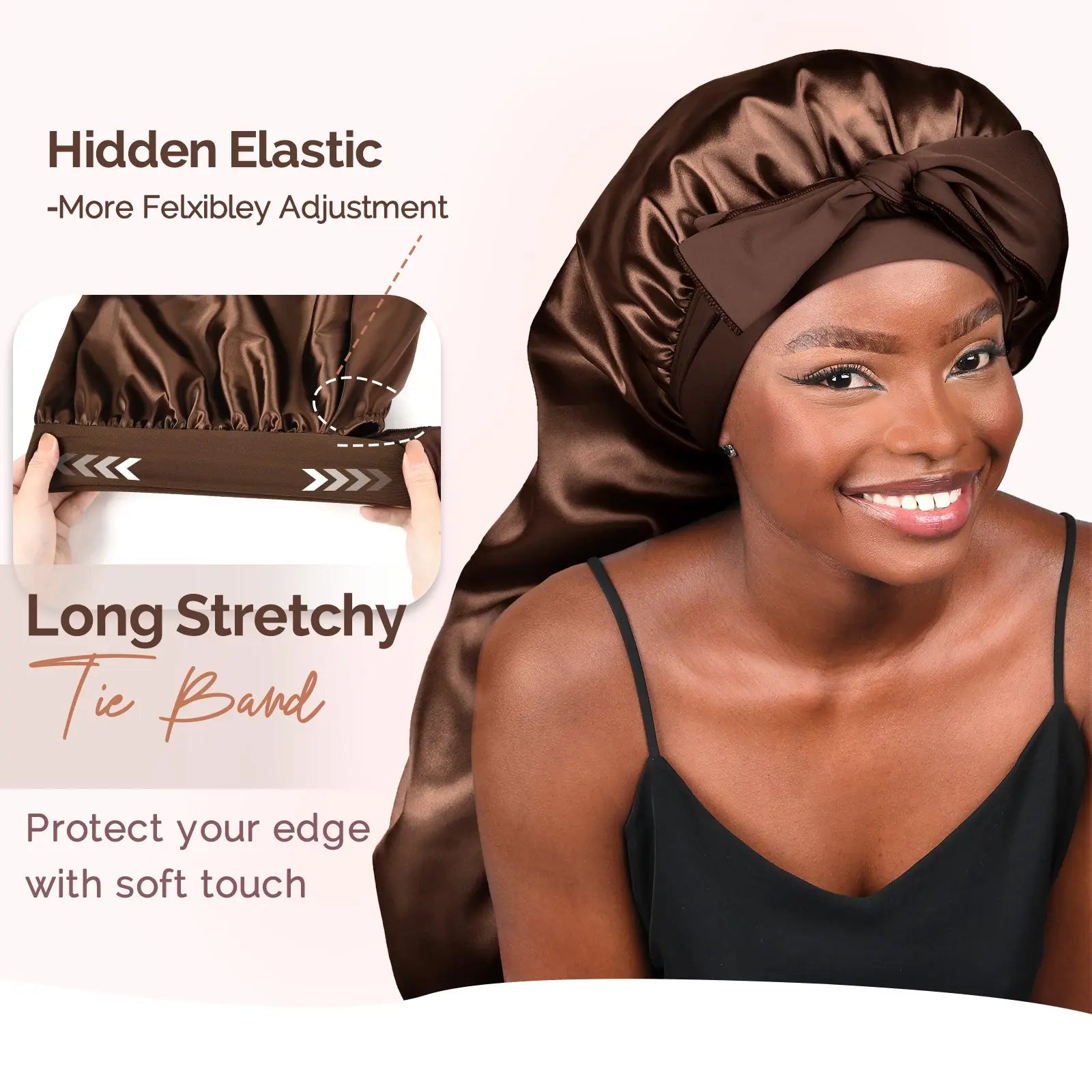Long Tail Satin Bonnet wiht Tie Band| Brown - YANIBEST