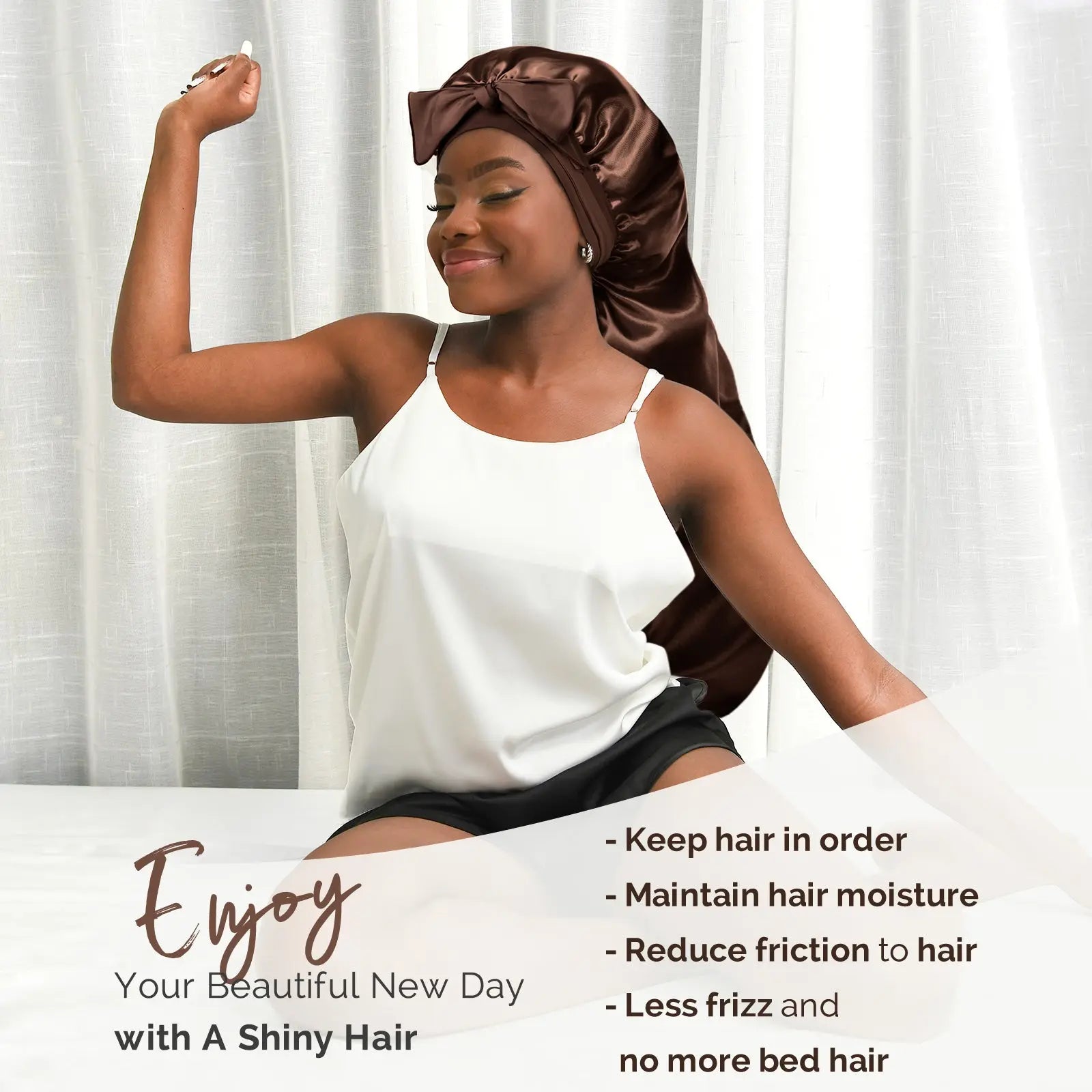 Long Tail Satin Bonnet wiht Tie Band| Brown - YANIBEST