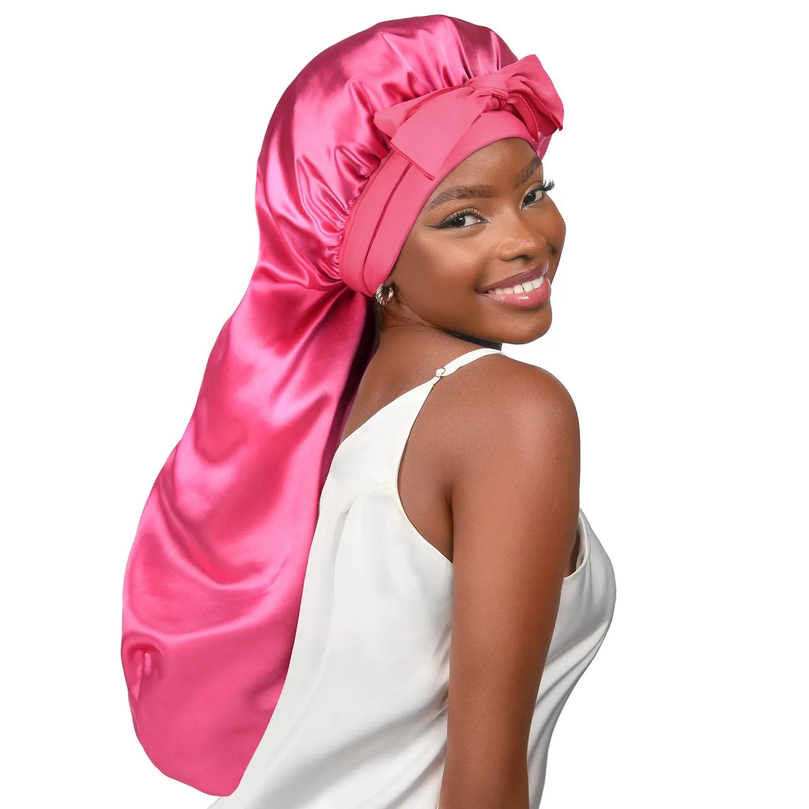 Long Tail Satin Bonnet wiht Tie Band| Hot Pink - YANIBEST