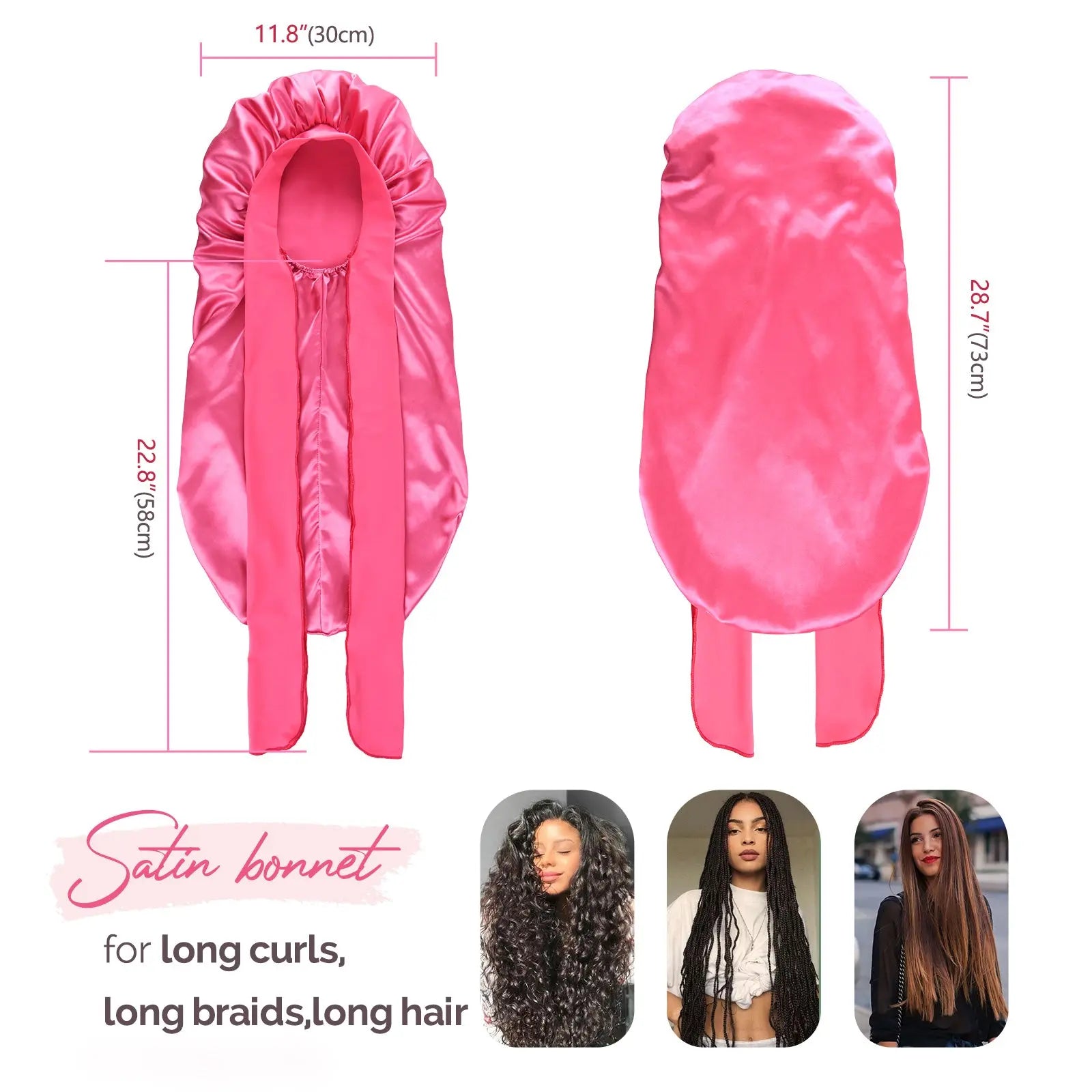 Long Tail Satin Bonnet wiht Tie Band| Hot Pink - YANIBEST