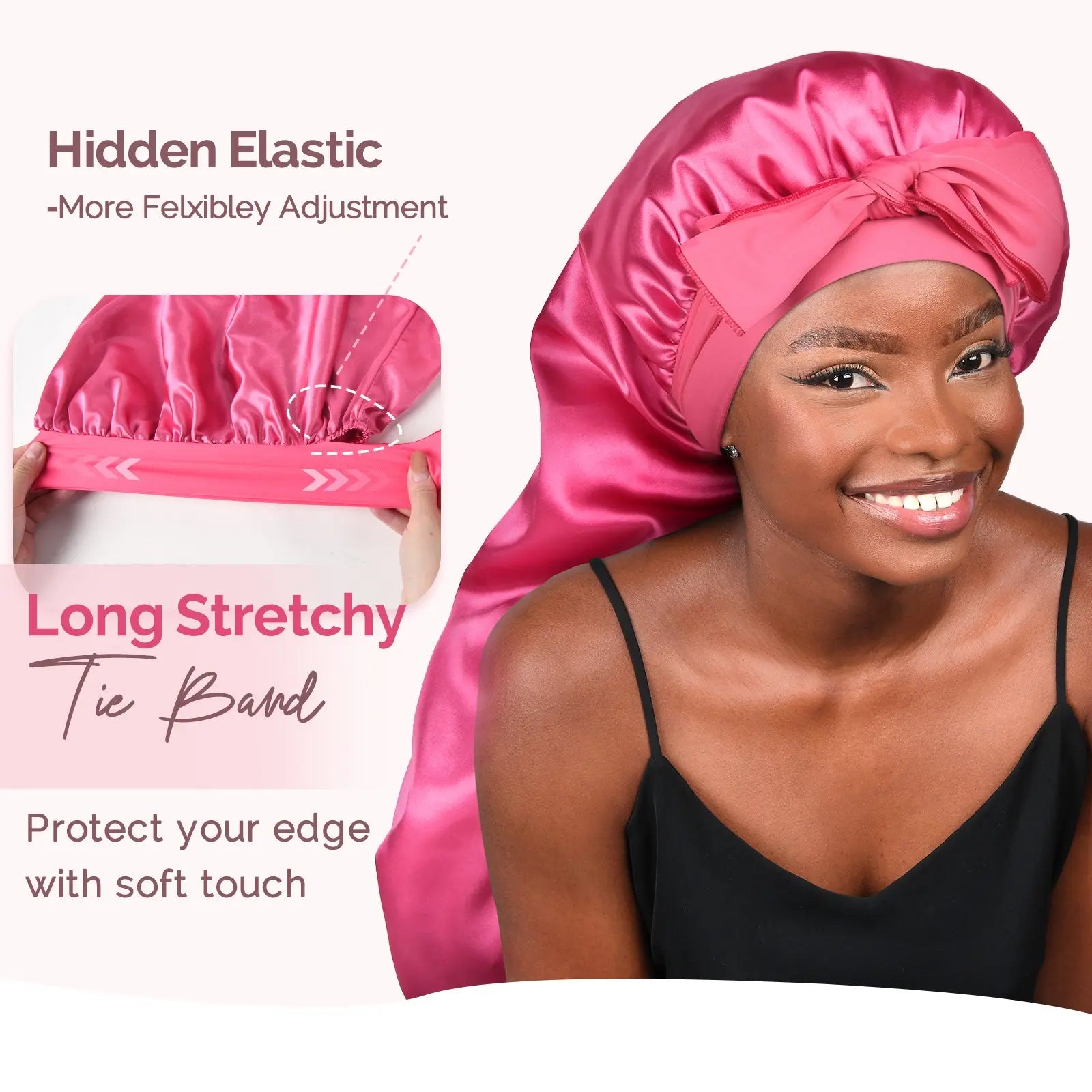 Long Tail Satin Bonnet wiht Tie Band| Hot Pink - YANIBEST