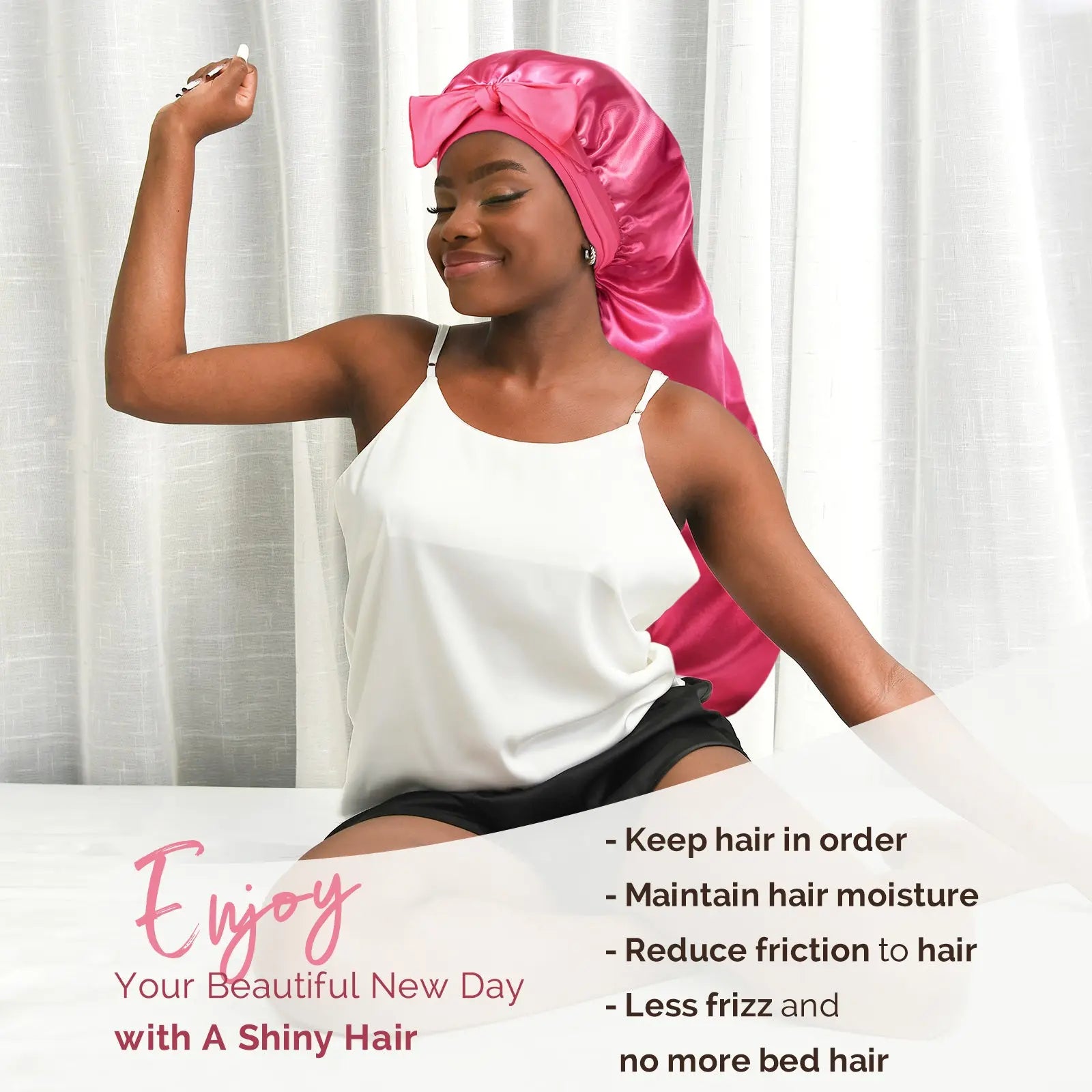 Long Tail Satin Bonnet wiht Tie Band| Hot Pink - YANIBEST