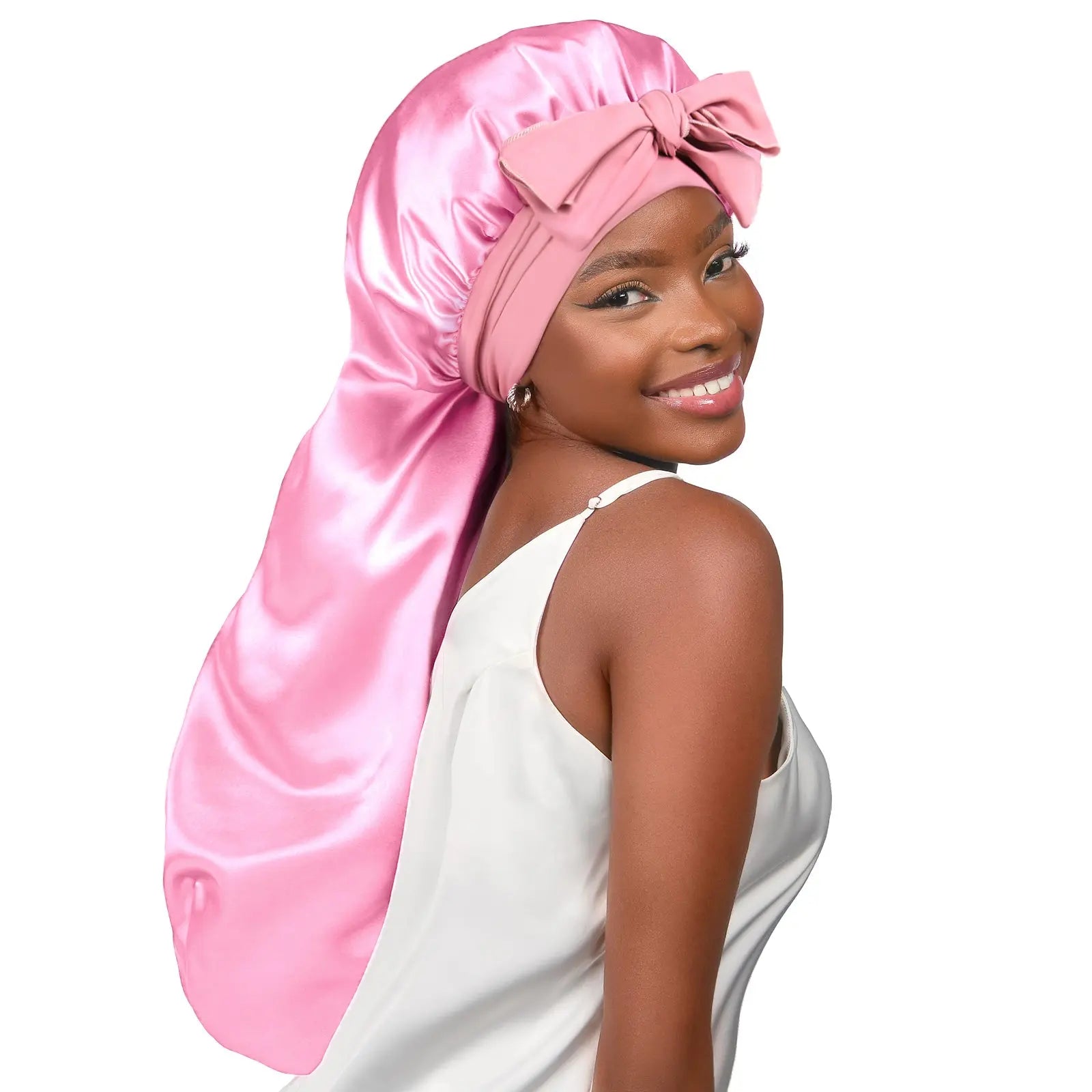Long Tail Satin Bonnet wiht Tie Band| Light Pink - YANIBEST