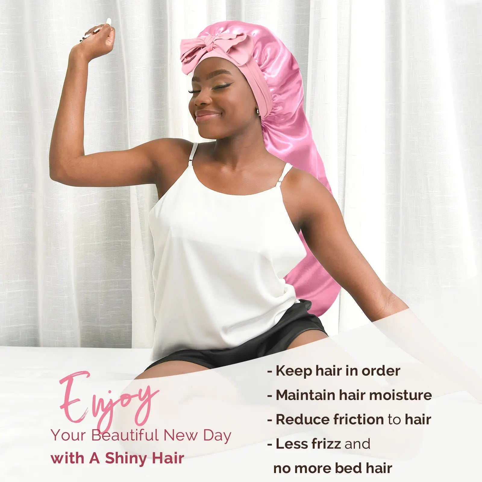 Long Tail Satin Bonnet wiht Tie Band| Light Pink - YANIBEST