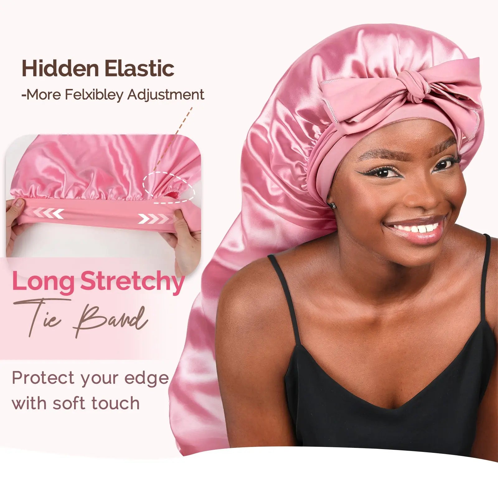 Long Tail Satin Bonnet wiht Tie Band|  Millennium Pink - YANIBEST