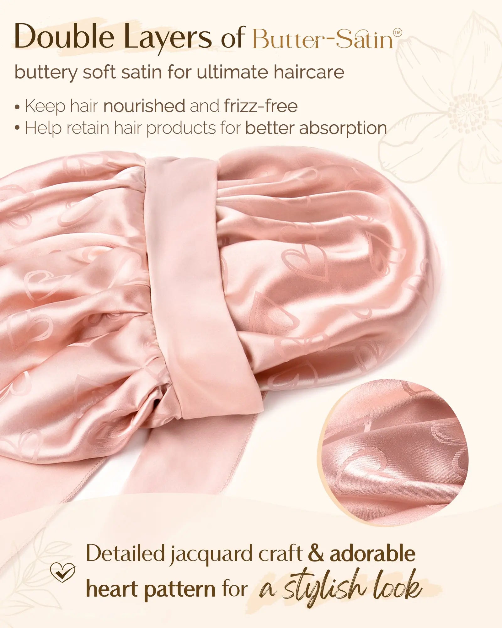 Tie Band Double Layer Butter Satin Bonnet | Jaquard Heart YANIBEST