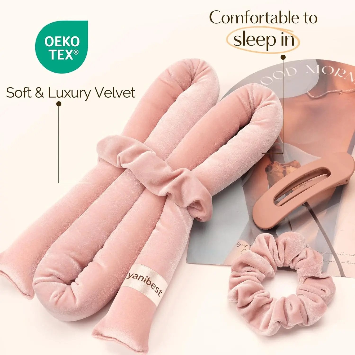 Velvet Heatless Hair Curler Rods - Blush Pink YANIBEST