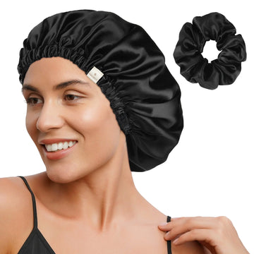YANIBEST Reversible Satin Bonnet with Scrunchie Sleepwear| Black Black YANIBEST