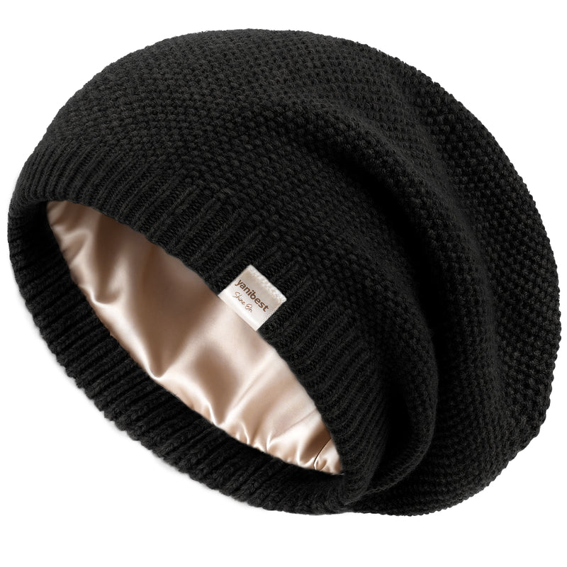 Butter Satin Lined Slouchy Beanie - Black