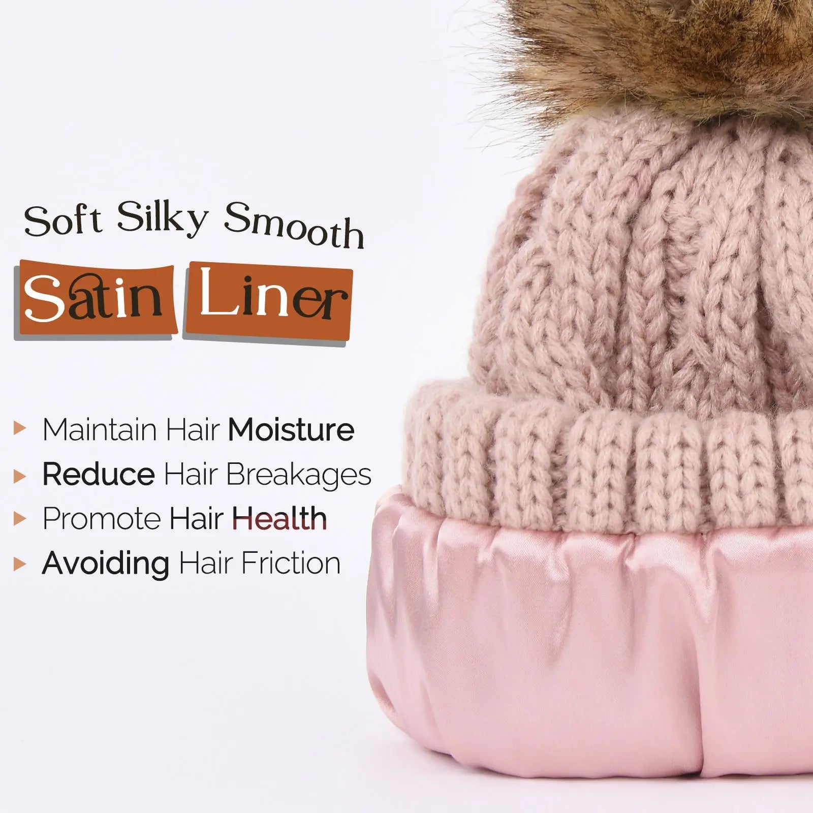 Satin Lined Winter Pom Beanie| Rose Pink YANIBEST