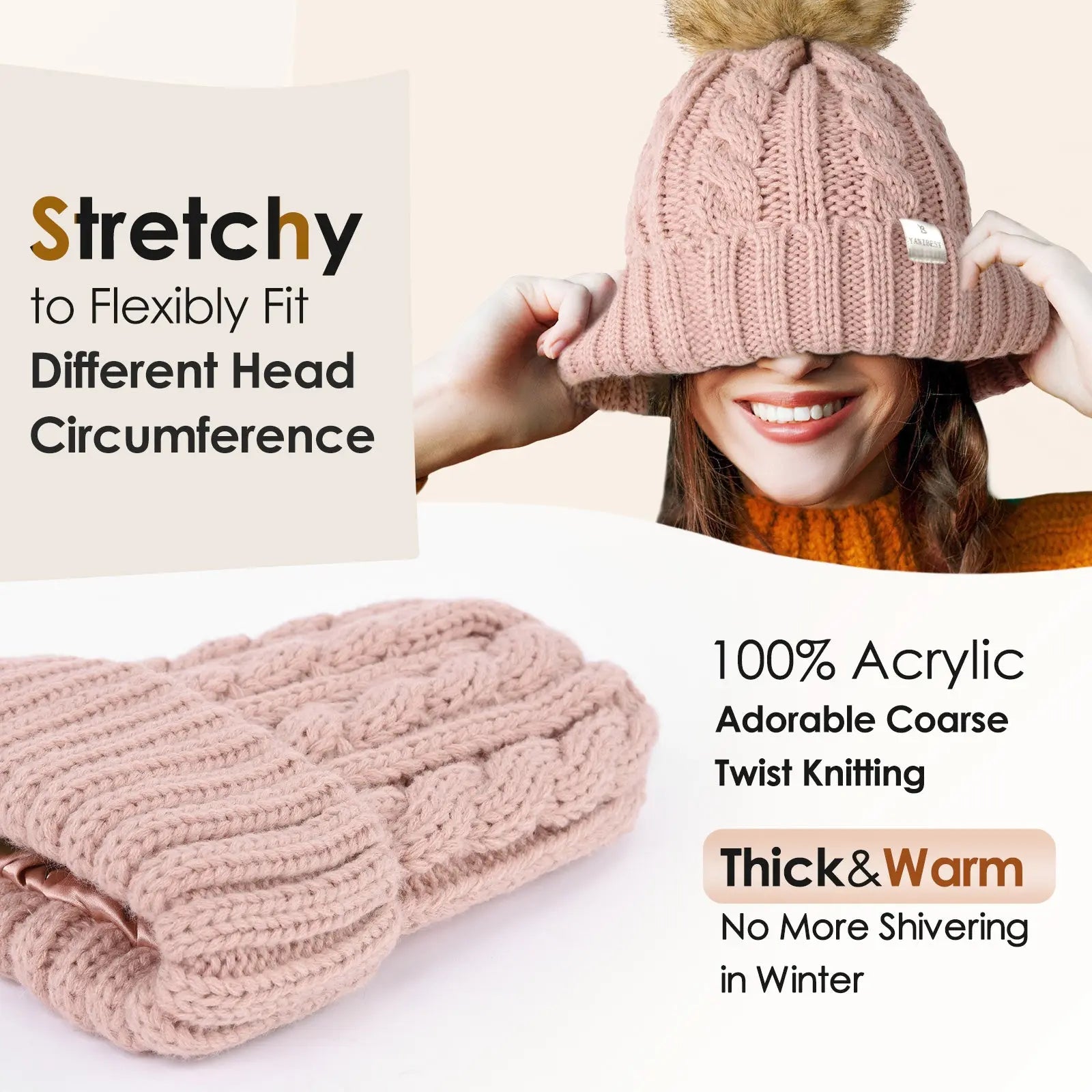 Satin Lined Winter Pom Beanie| Rose Pink YANIBEST