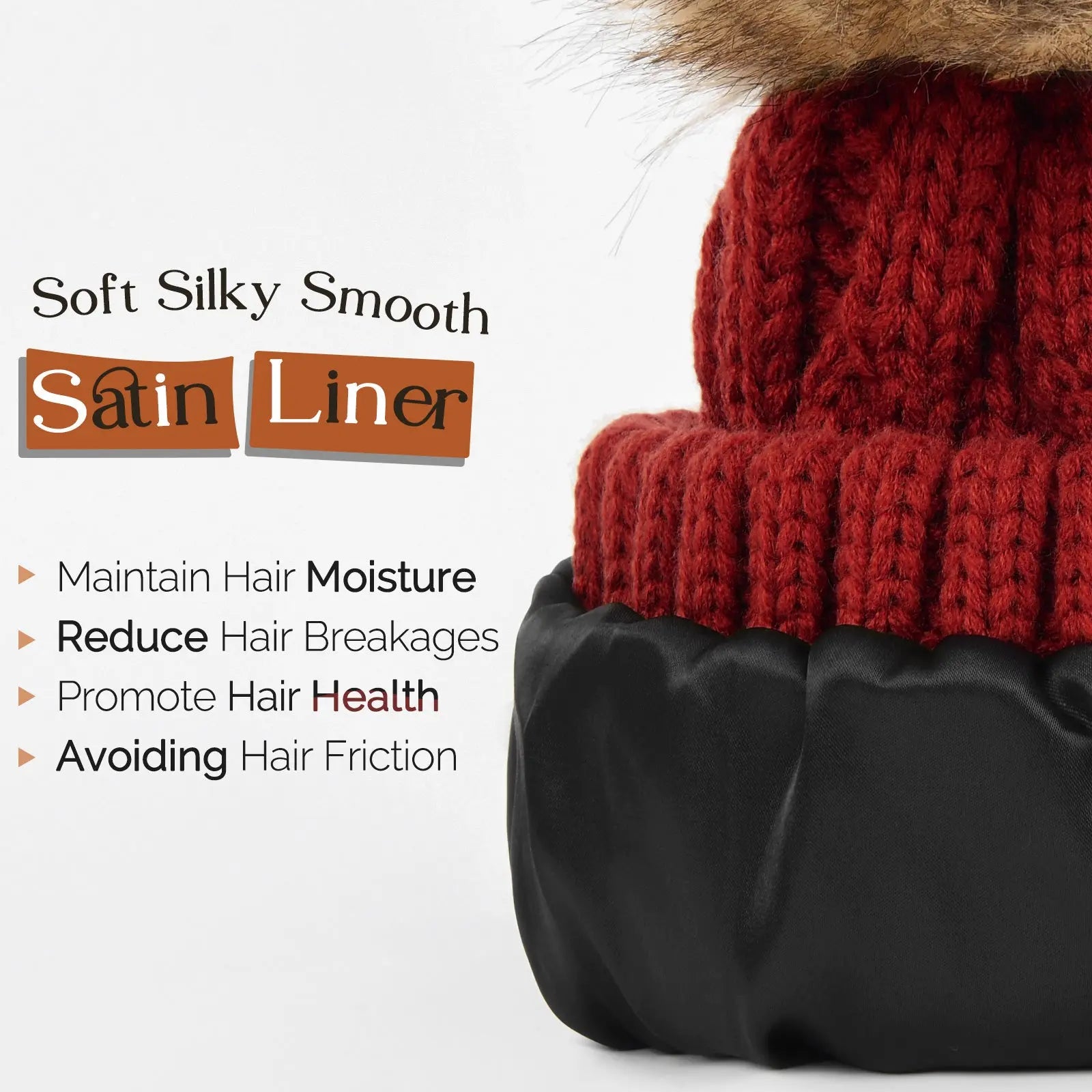 Satin Lined Winter Pom Beanie| Wine Red YANIBEST