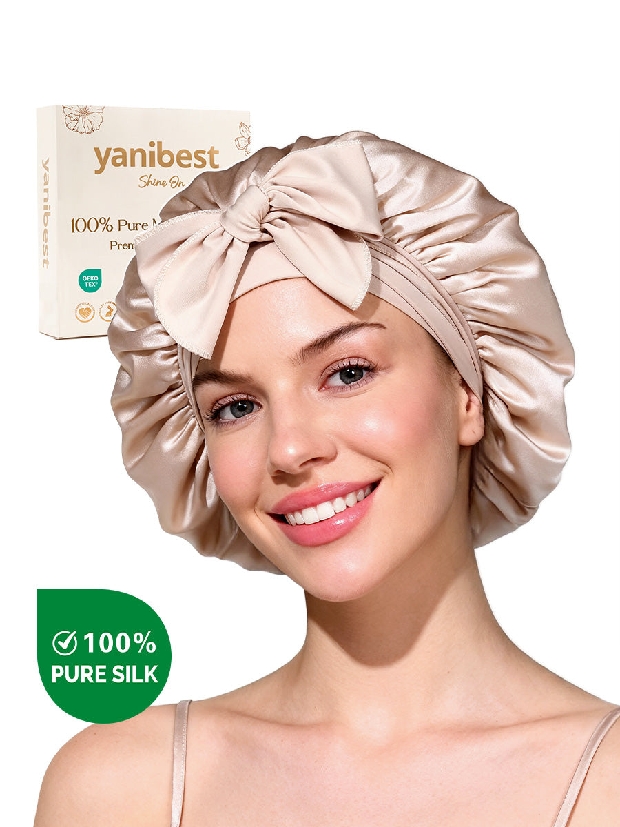 22 MOMME Mulberry Silk Bonnet with Tie Band - Champagne