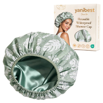 Butter Satin Lined Waterproof Shower Cap - Green Leaves